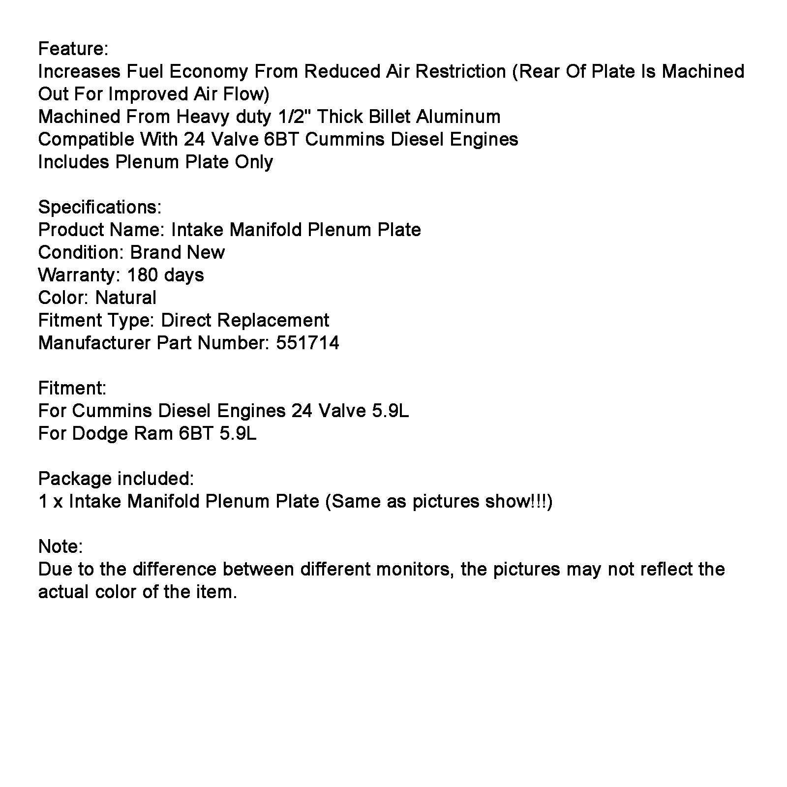 Dodge Ram 6BT 5.9L Placa de Plenum 24V 551714