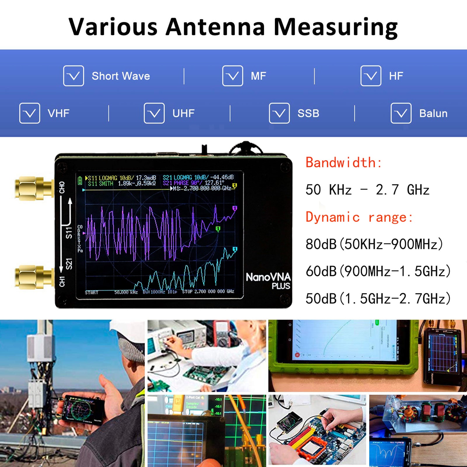 2,8 inch verbeterde NanoVNA Plus 50 kHz-2,7 GHz draagbare vectornetwerkanalysator