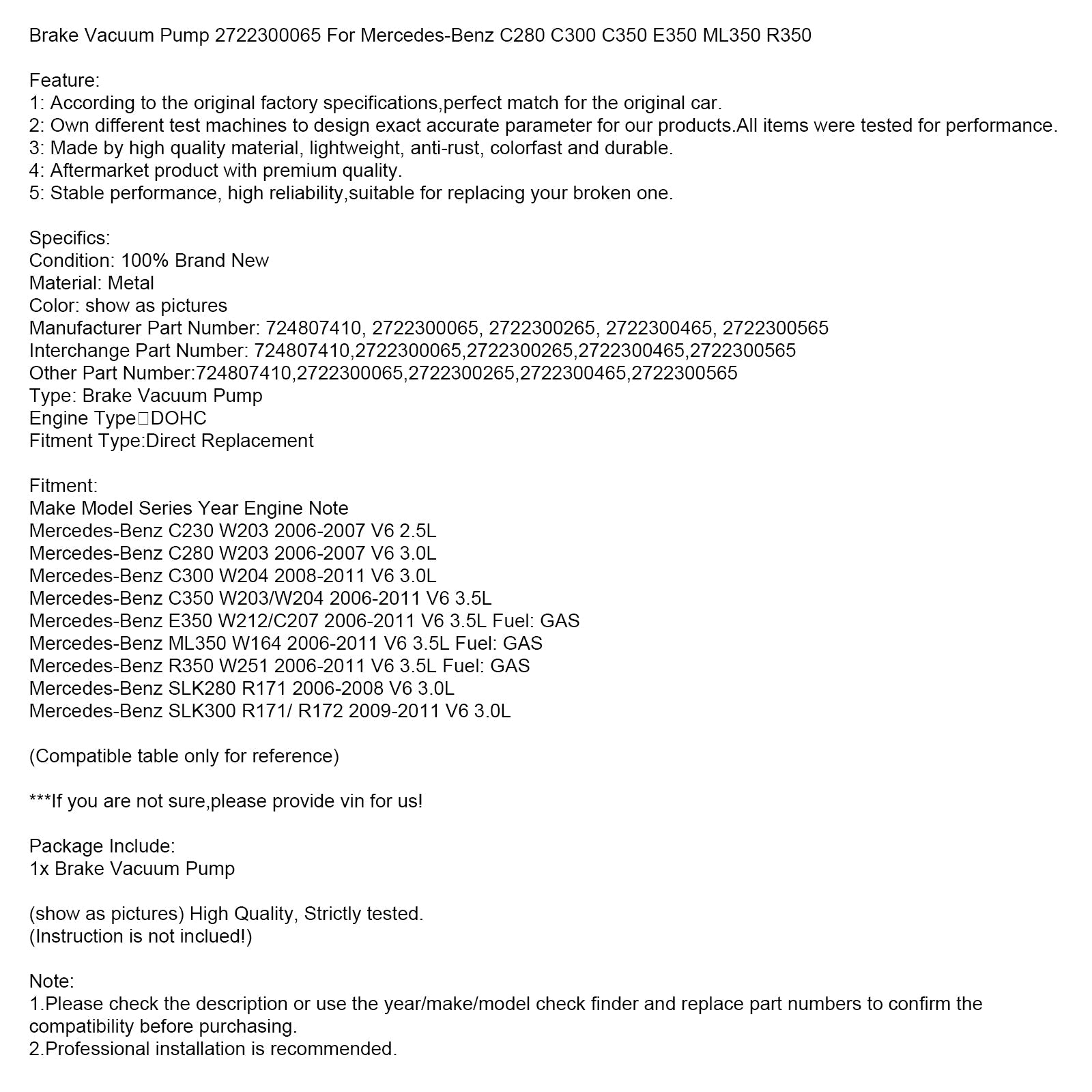 Mercedes-Benz C350 uit 2006-2011 W203/W204 V6 3.5L Remvacuümpomp 2722300065