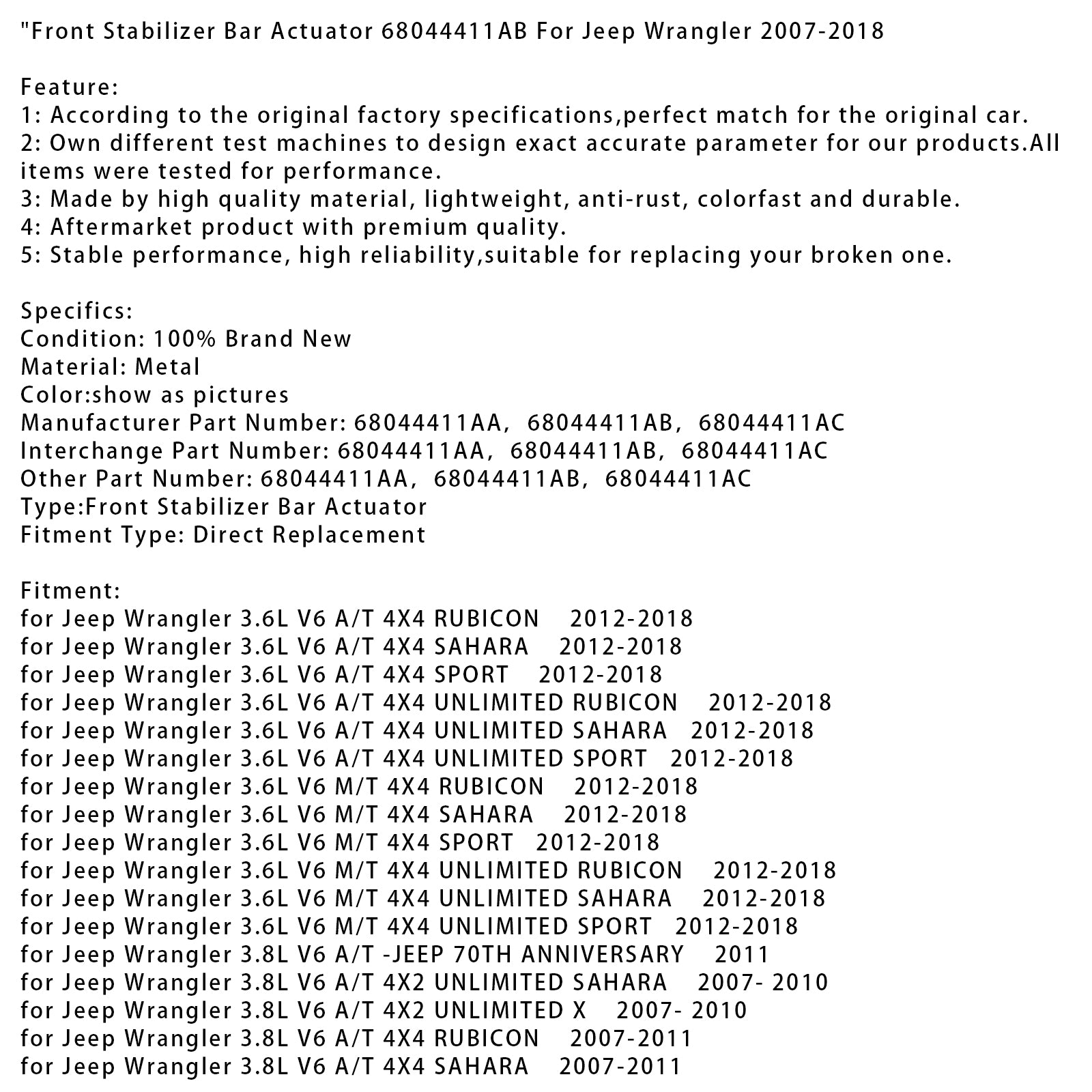 Brand New Front Stabilizer Bar Actuator 68044411AB For Jeep Wrangler 2007-2018