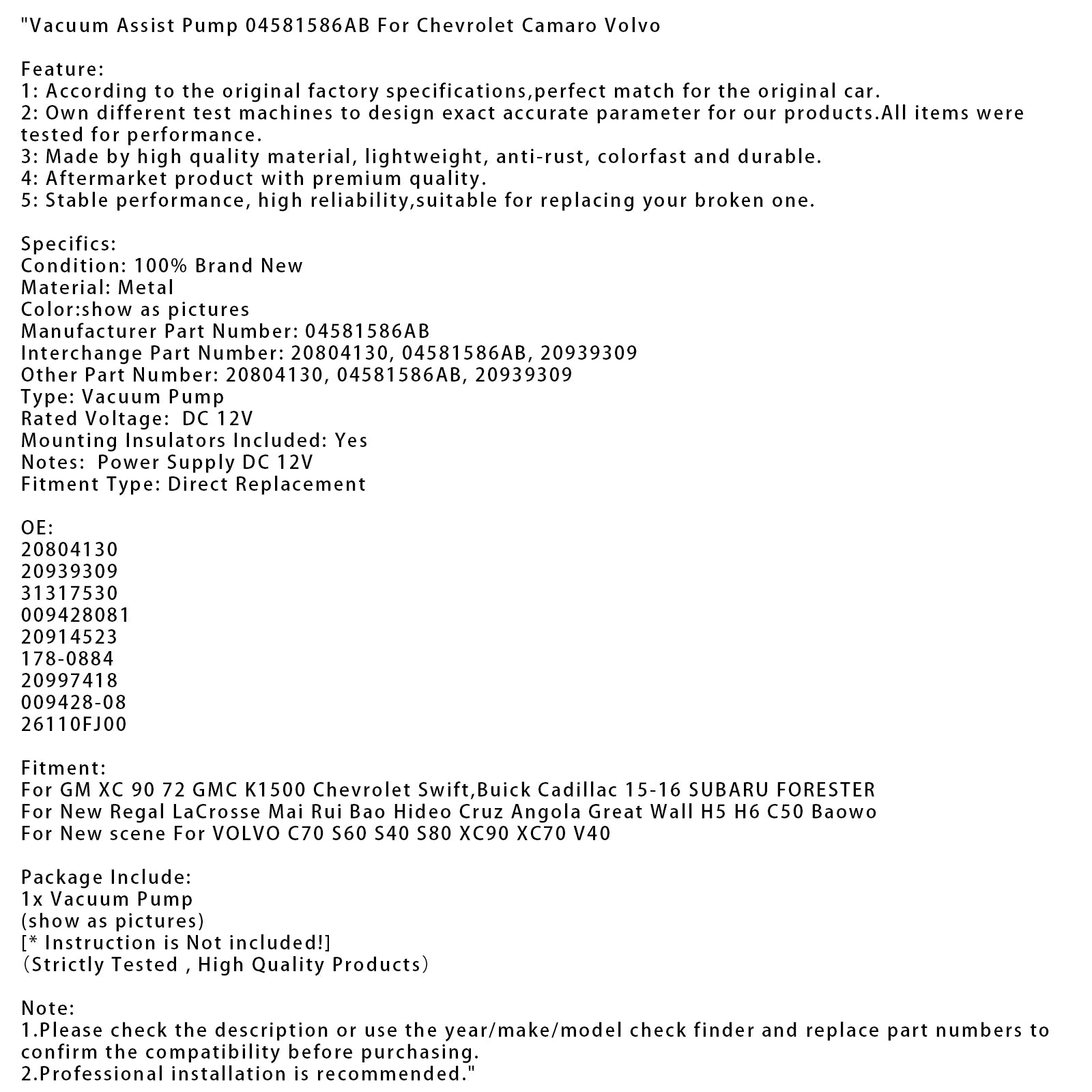 2012-2018 Jeep Wrangler JK JKU UP28 Vacuum Assist Pump 04581586AB 26110FJ00 20997418