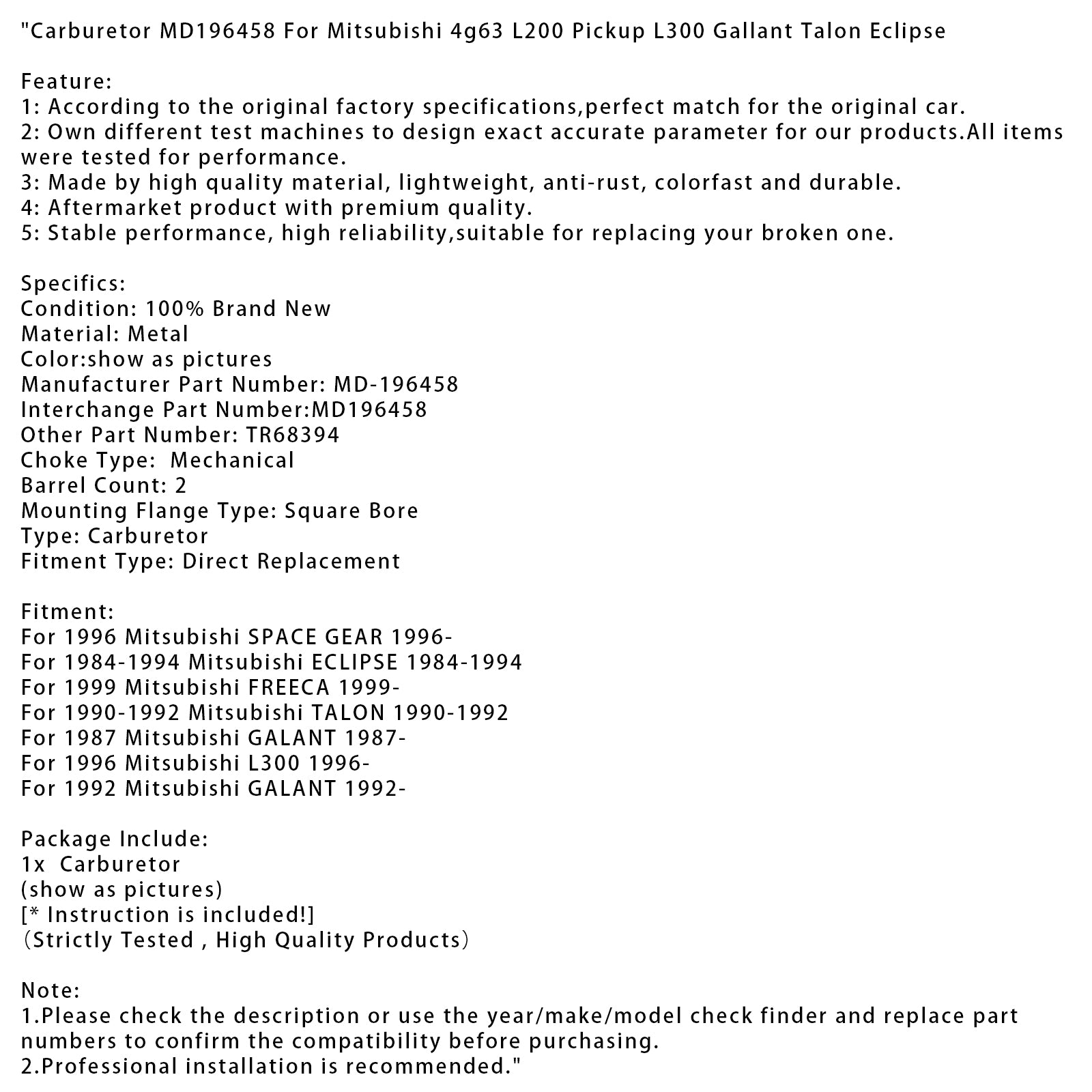 1999 Mitsubishi FREECA Carburetor MD196458