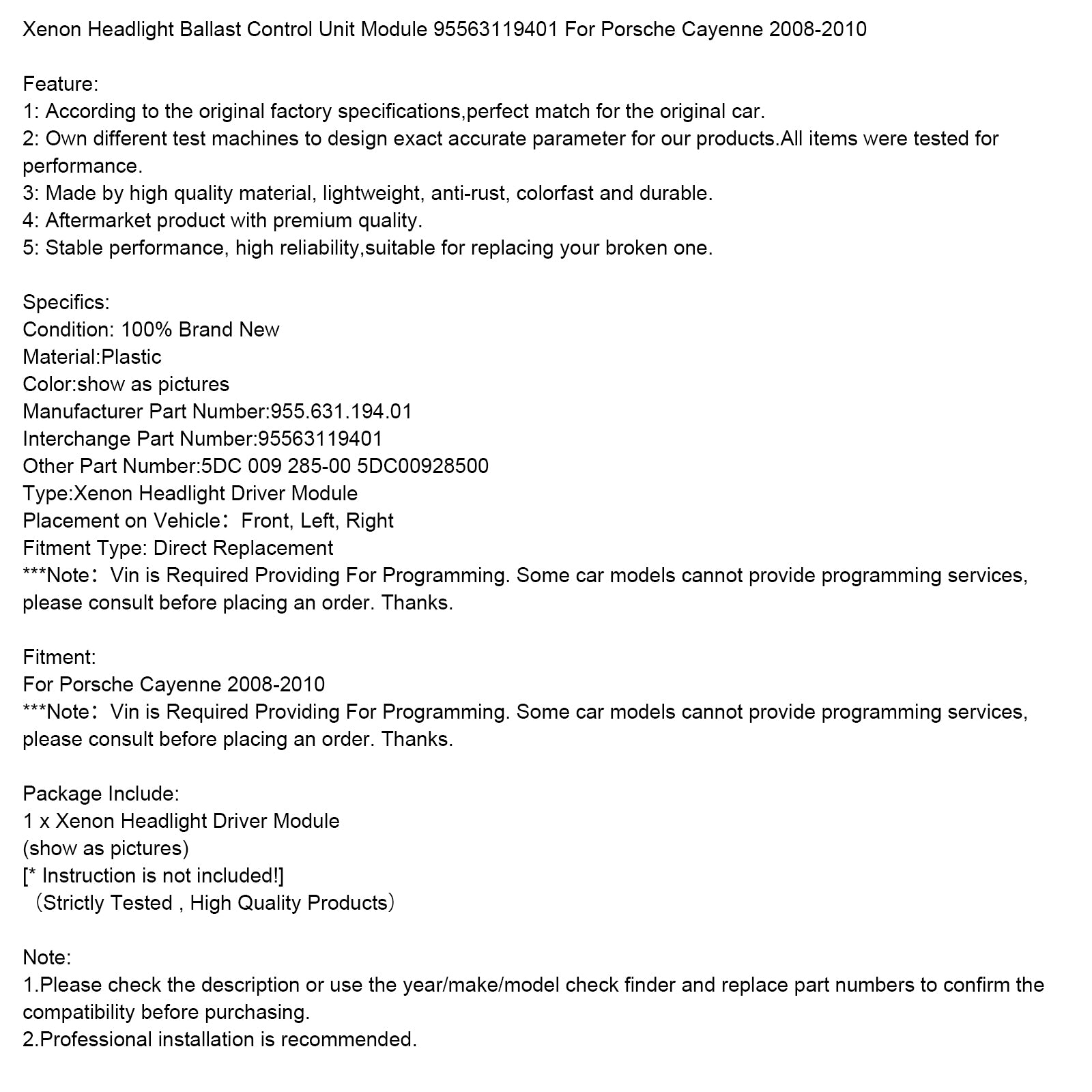 2008-2010 Porsche Cayenne Headlight Ballast Control Unit Module 95563119401