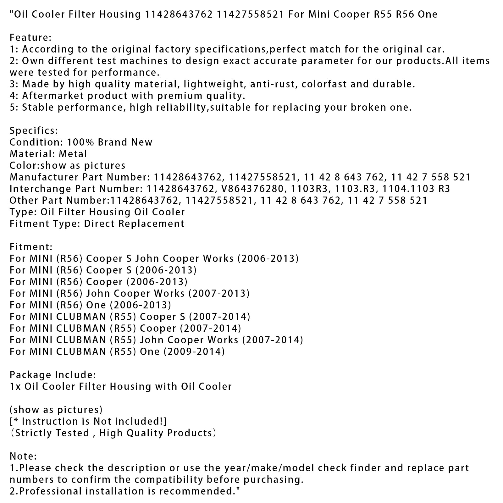 2007-2014 MINI CLUBMAN (R55) Cooper S Oliekoeler Filterhuis 11428643762 11427558521