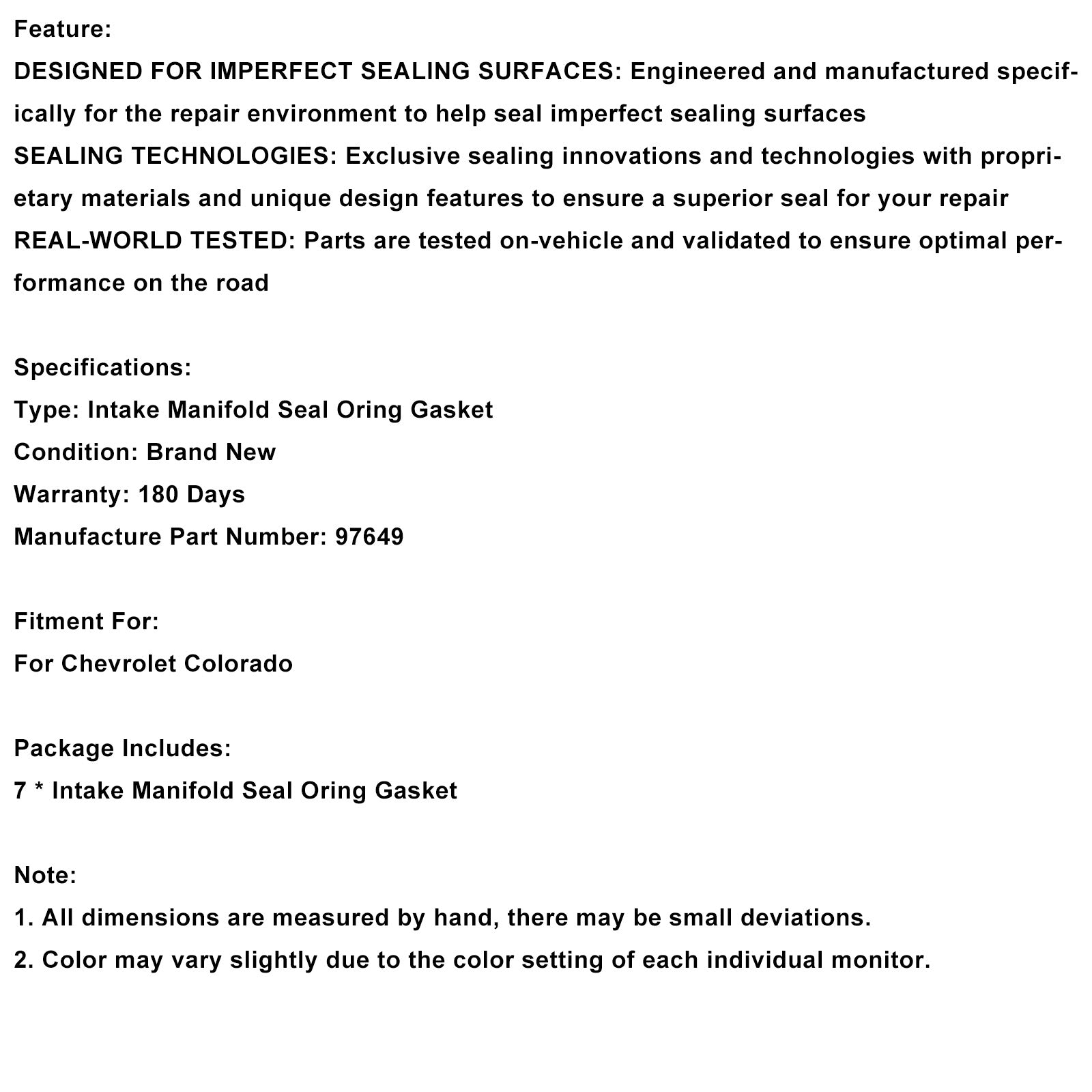 Chevrolet Colorado Engine Intake Manifold Seal Oring Gasket Set 97649