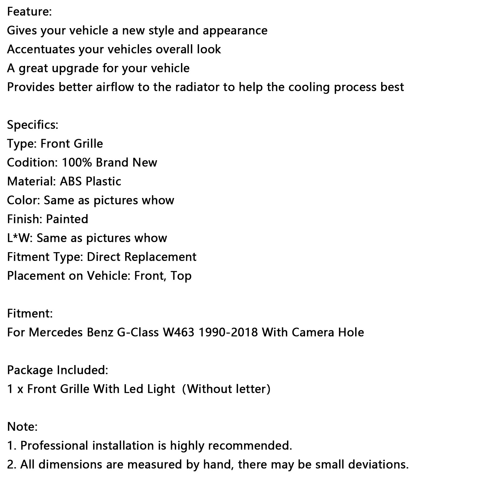 1990–2018 Mercedes-Benz G-klasse W463 Med kamerahull, blank sort frontstøtfangergrill