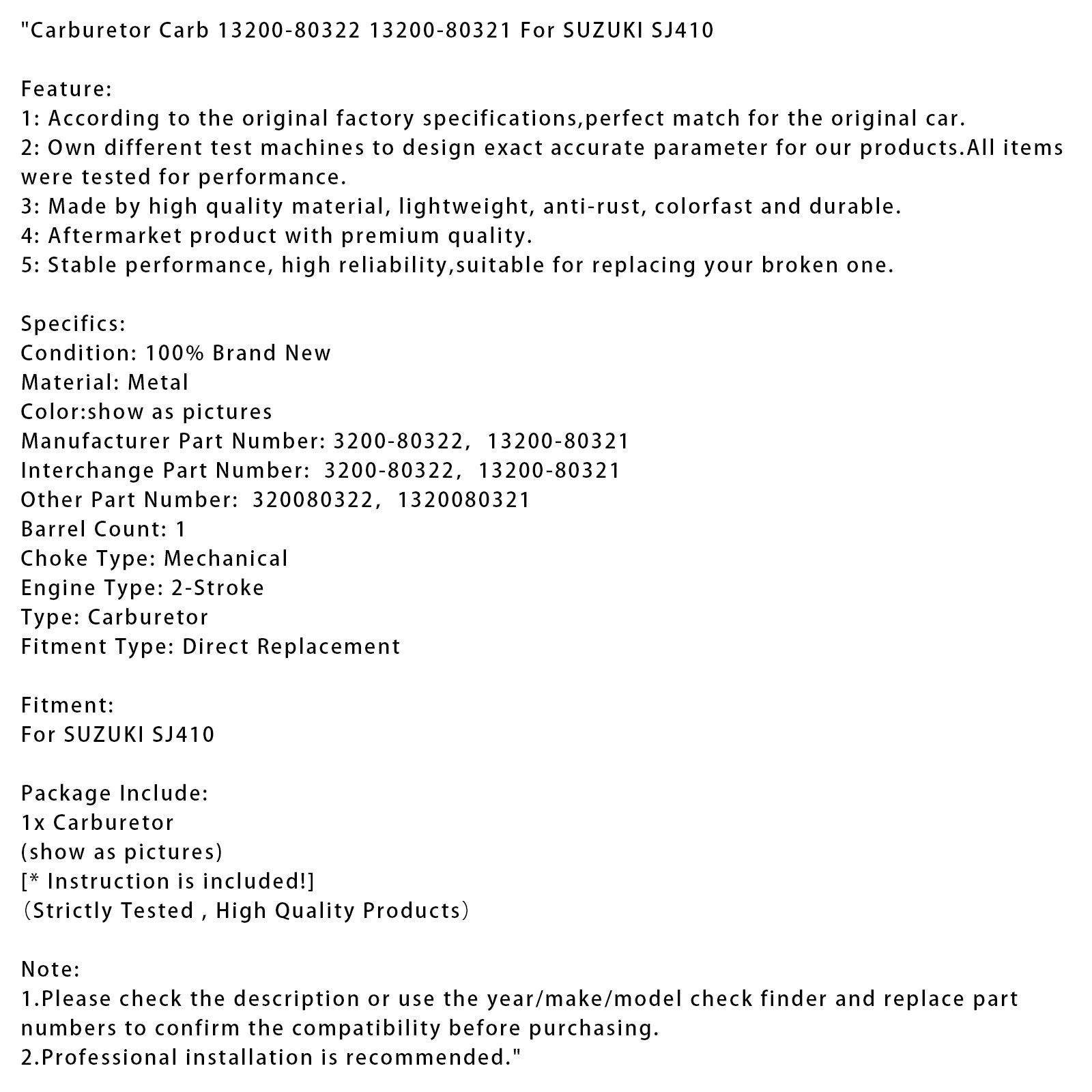 SUZUKI SJ410 Carburateur Carb 13200-80322 13200-80321