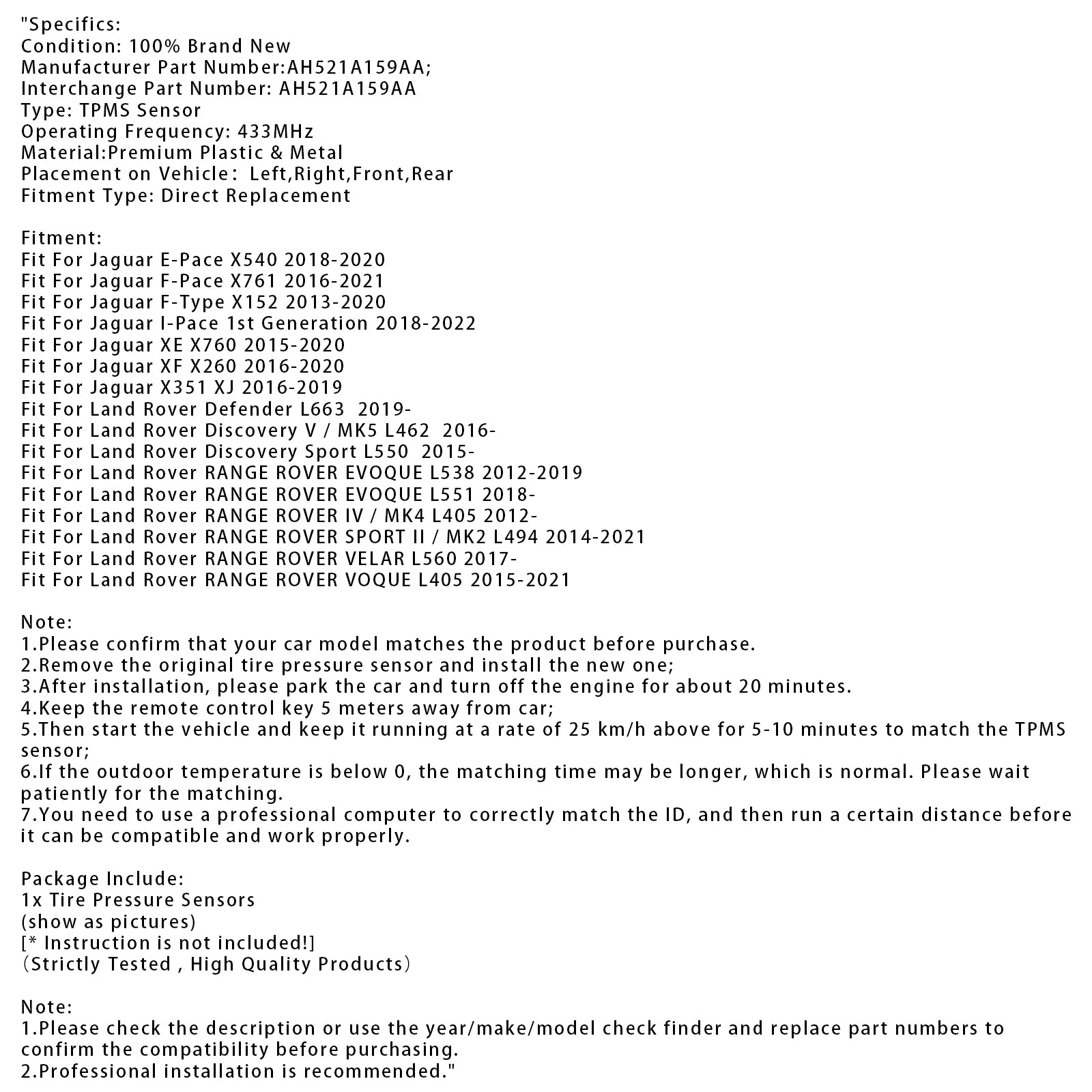 1X TPMS bandenspanningsensor voor Land Rover Jaguar AH521A159AA