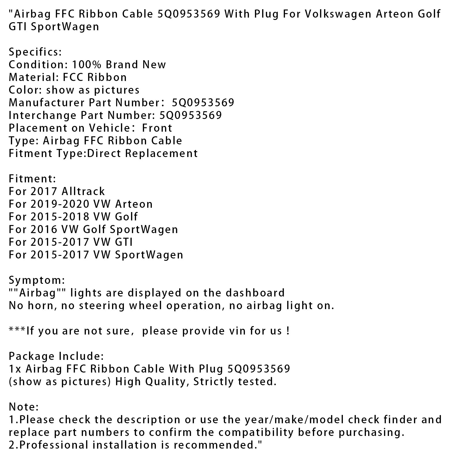 2015-2017 VW Sportwagen Airbag FFC Ribbon Cable 5Q0953569