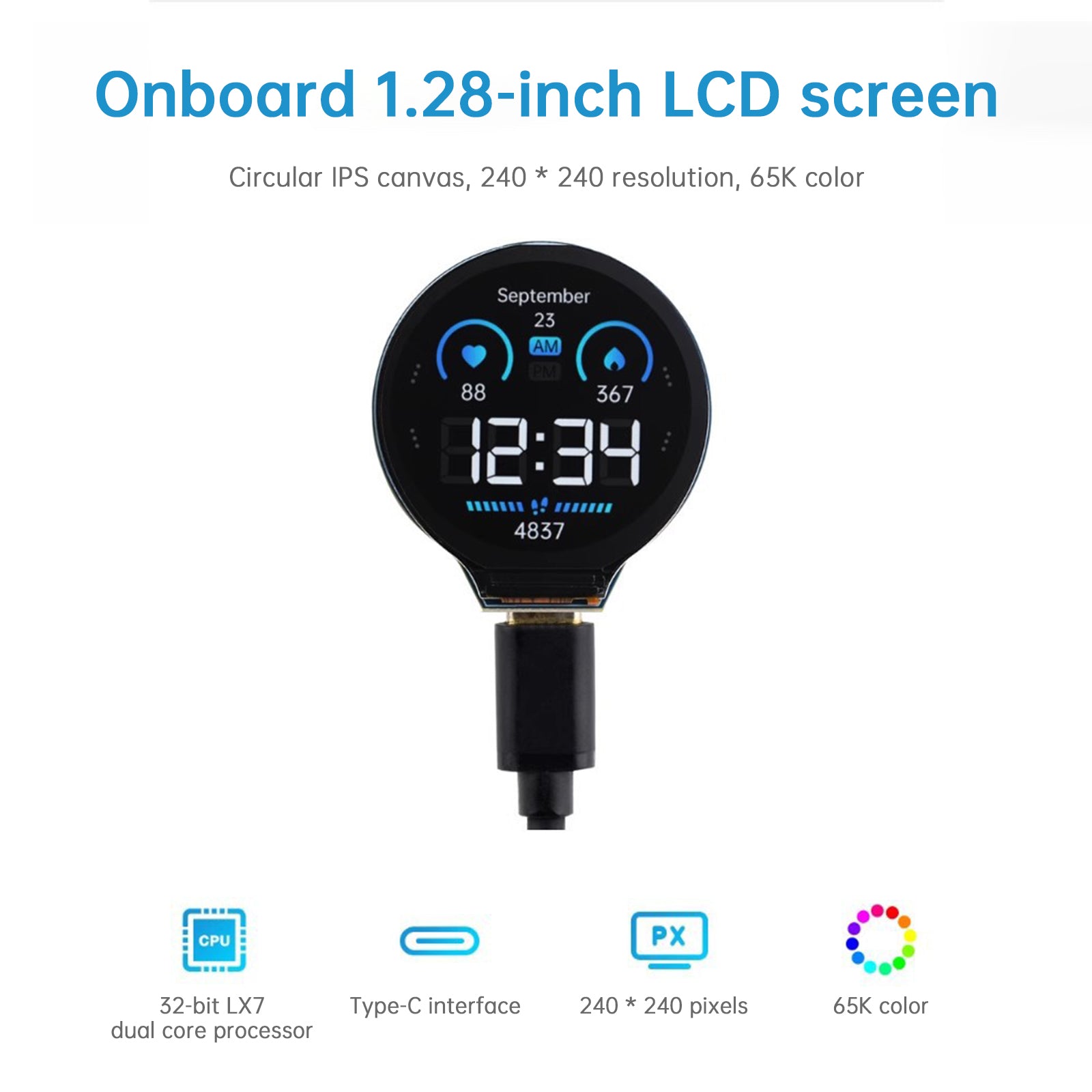 ESP32 S3 Development Board Round IPS Screen Bluetooth 240MHz Driftsfrekvens