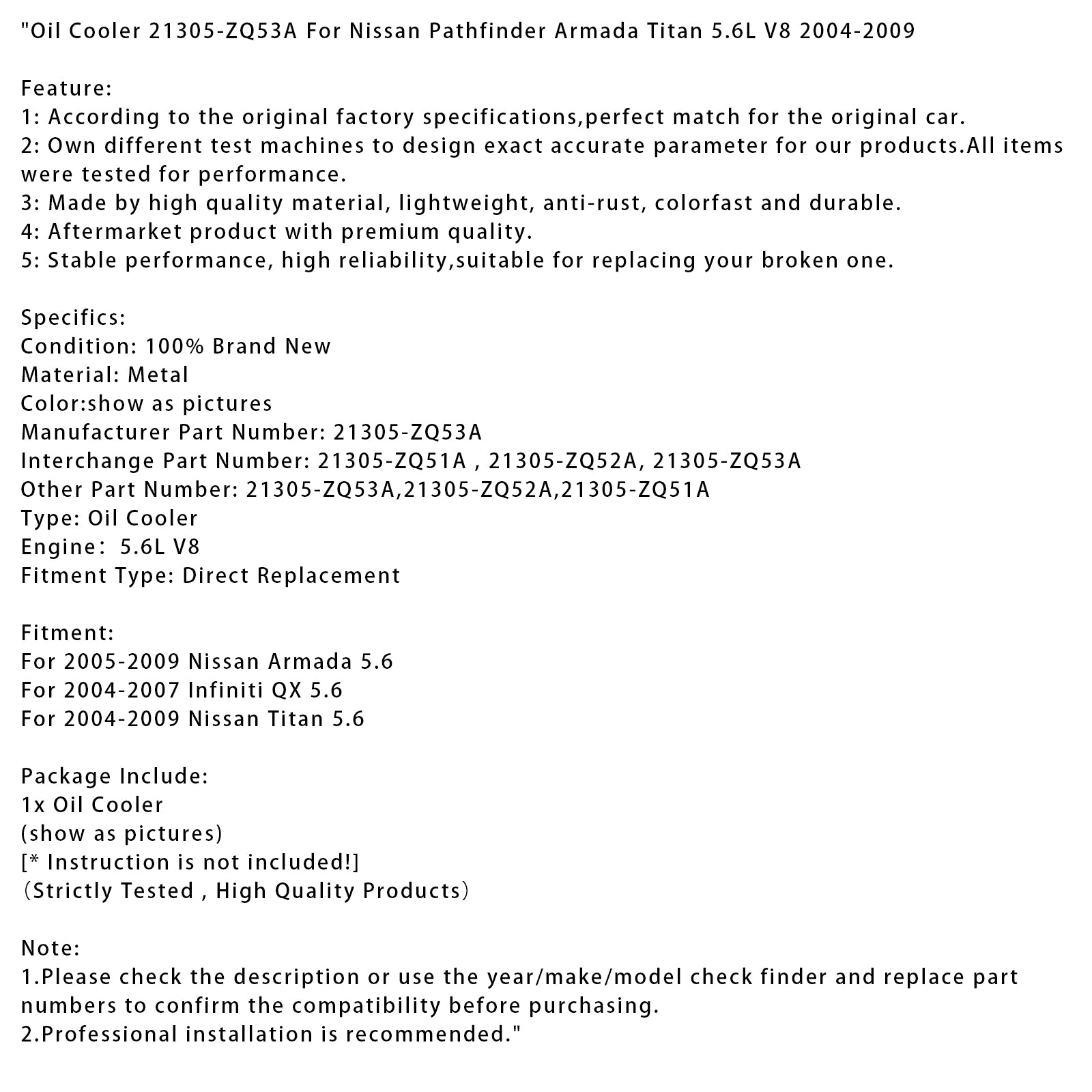 2004-2009 Nissan Titan 5.6 Oil Cooler 21305-ZQ53A