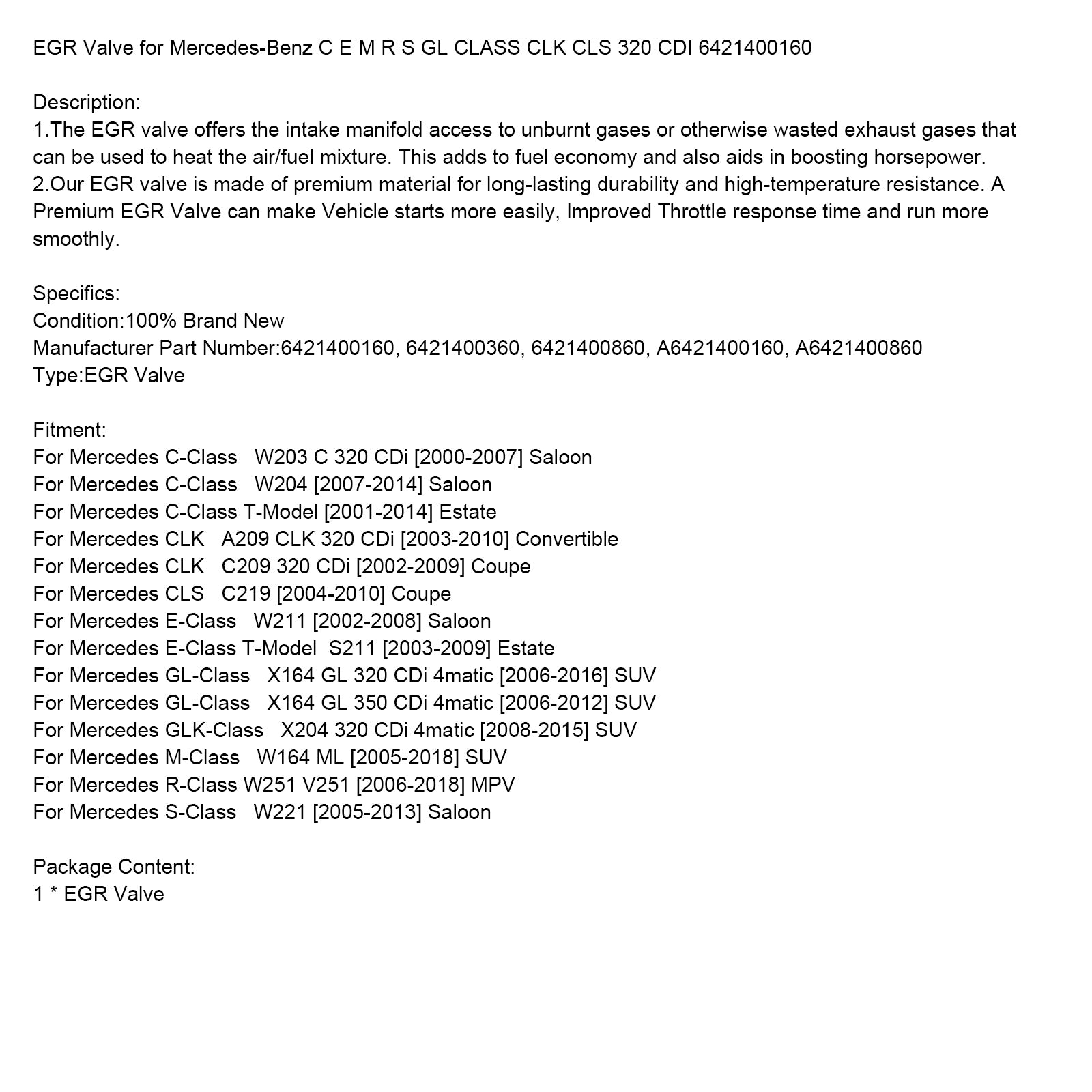2008-2015 Mercedes GLK-Class X204 320 CDi 4matic SUV EGR Valve 6421400160