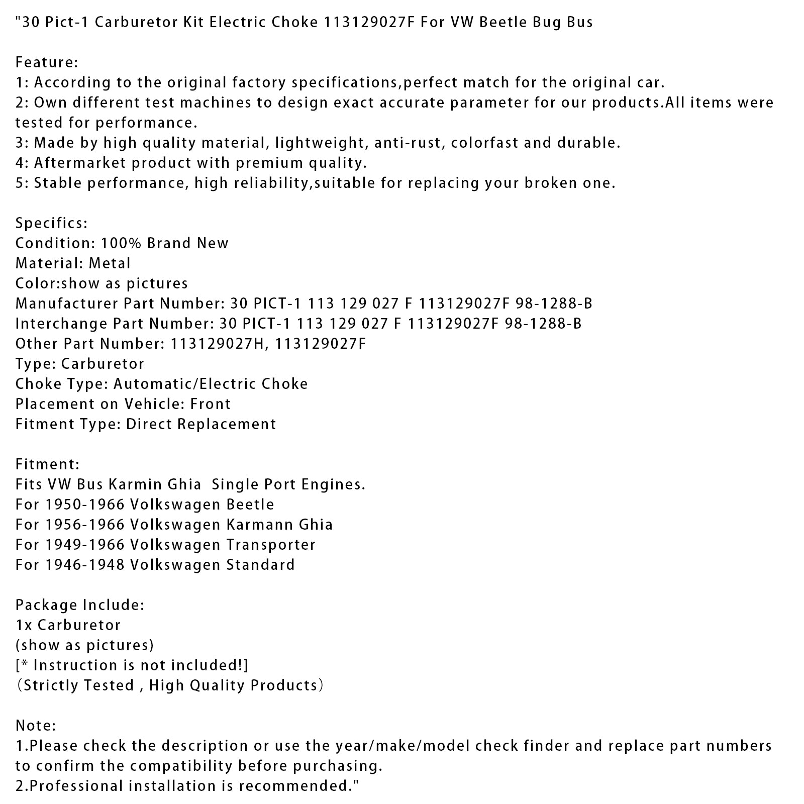 30 Pict-1 Carburetor Kit Electric Choke 113129027F For VW Beetle Bug Bus