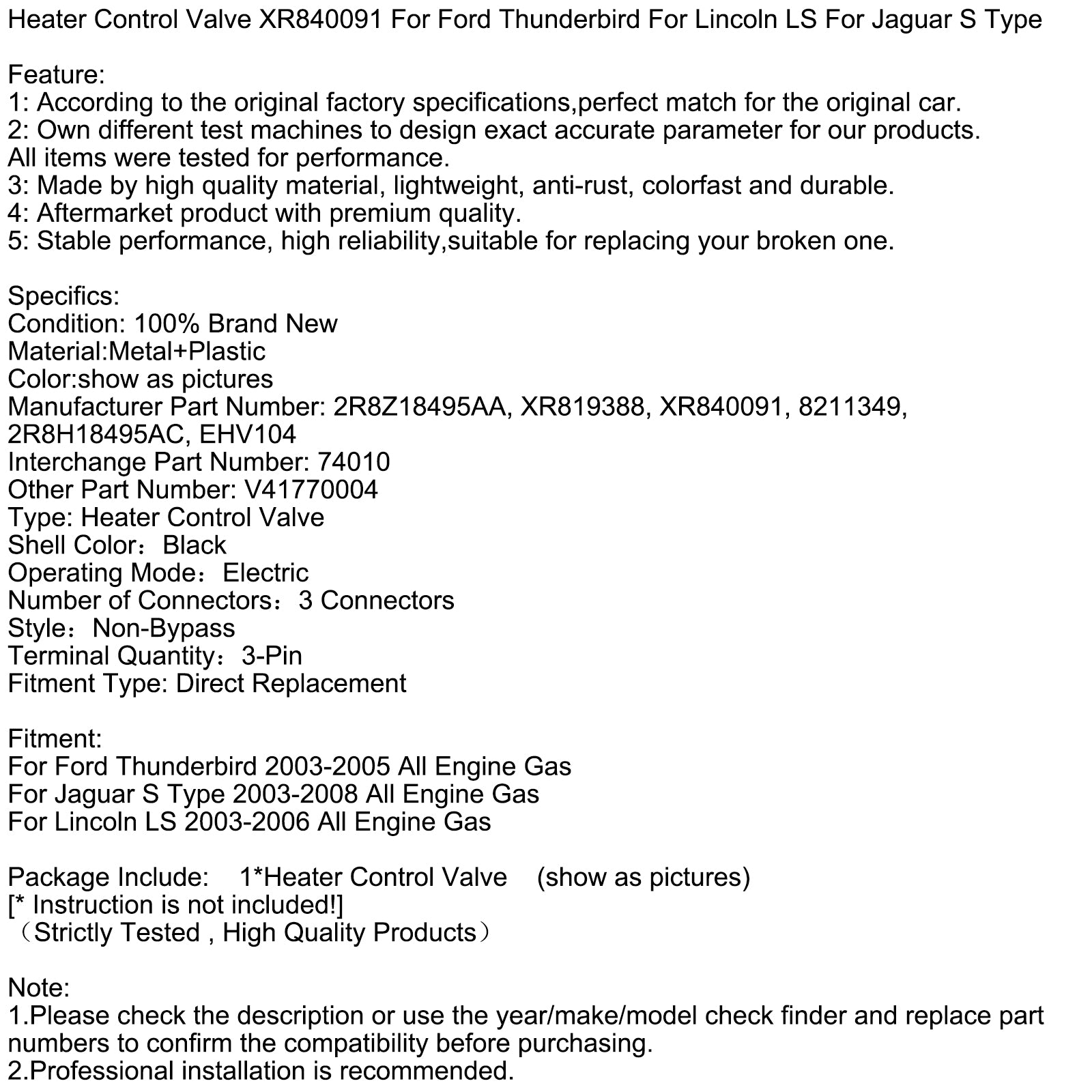 Heater Control Valve XR840091 For Ford Thunderbird For Lincoln For Jaguar
