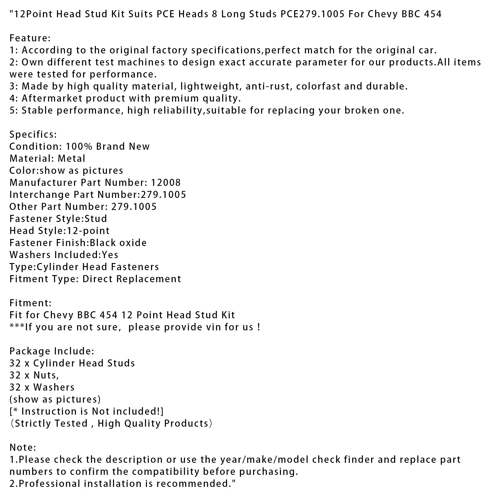 Chevy BBC 454 12Point Head Stud Kit Suits PCE Heads 8 Long Studs PCE279.1005