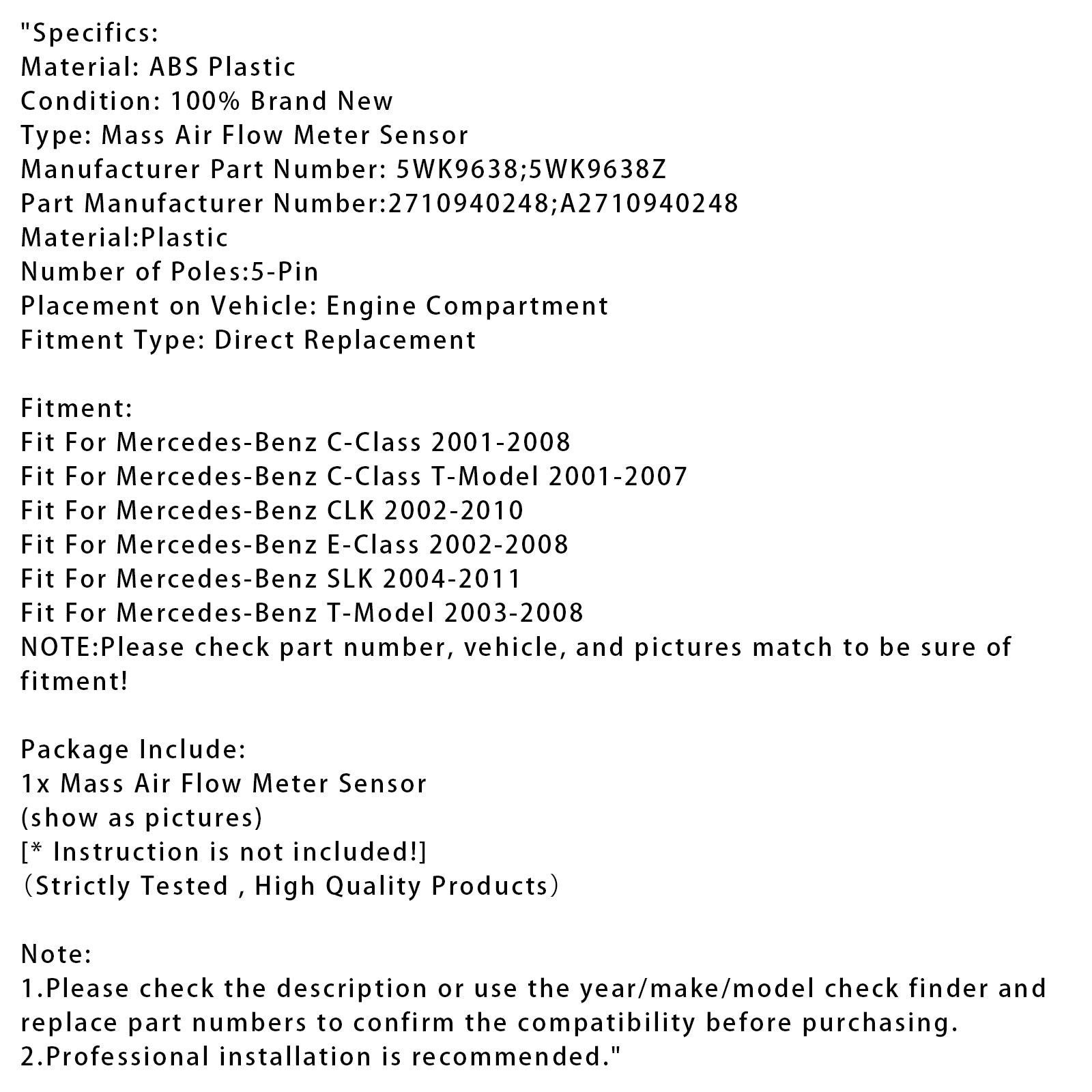 Massaluchtstroommetersensor voor Mercedes-Benz W203 W211 C209 5WK9638