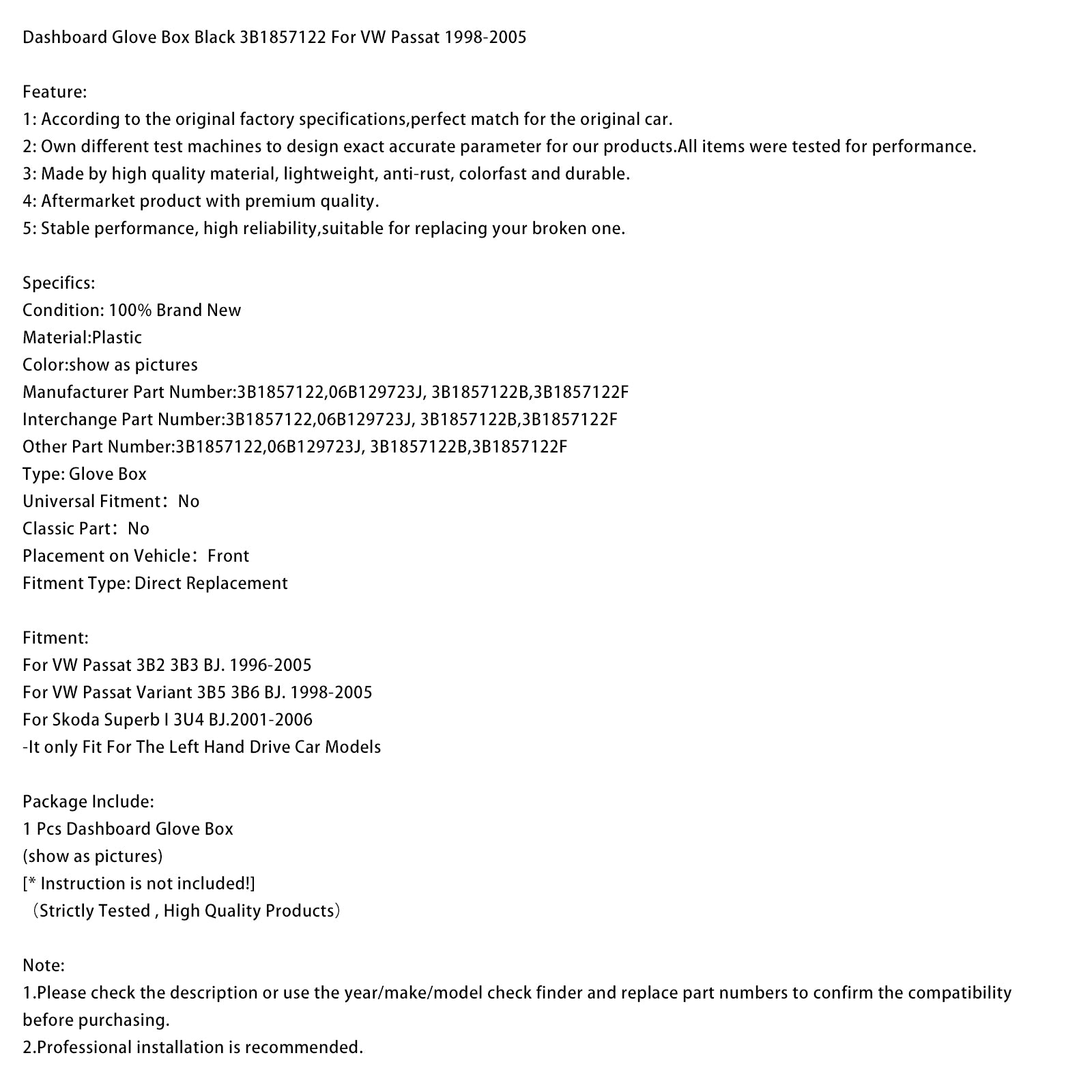 Dashboard Glove Box Black 3B1857122 For VW Passat 1998-2005