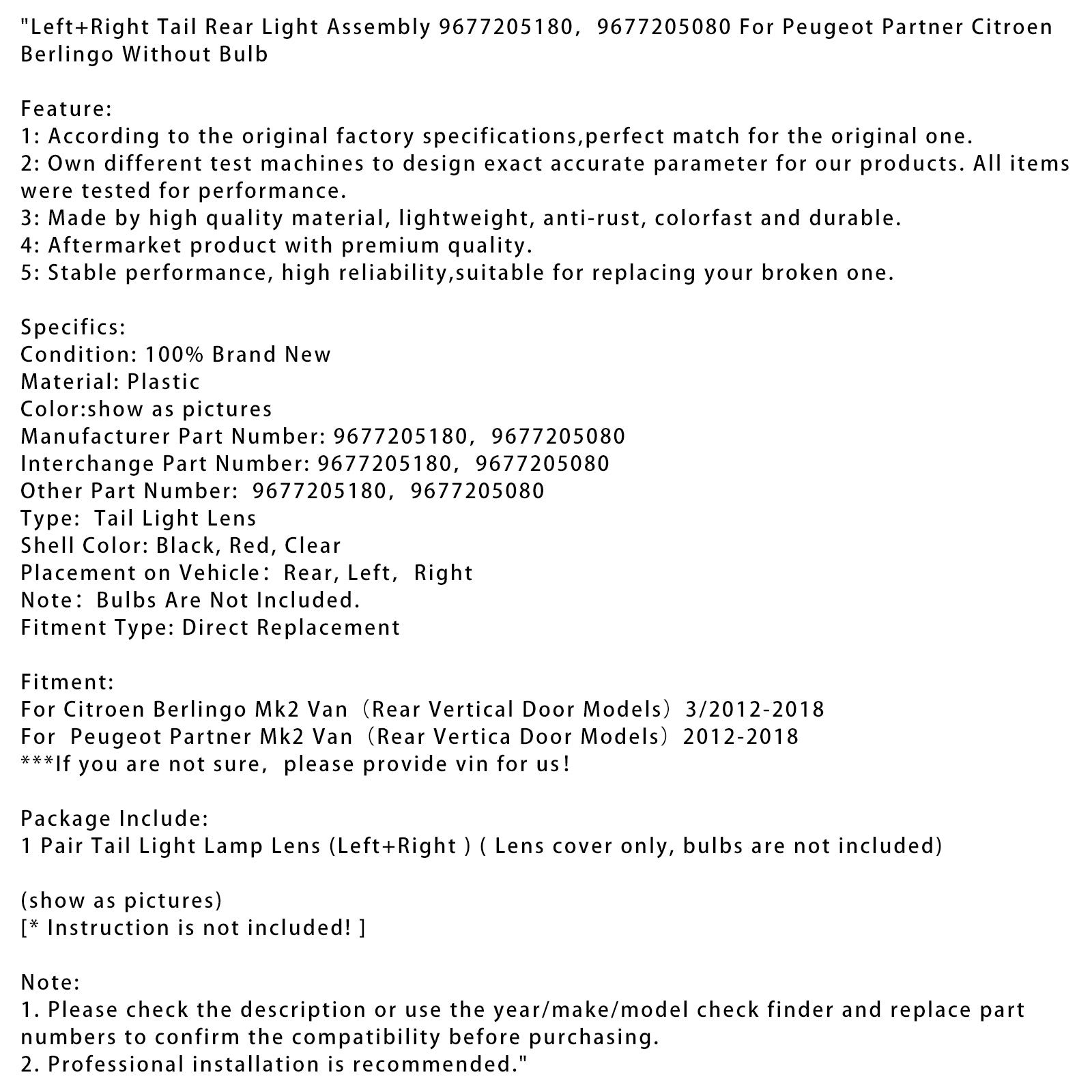 3/2012-2018 Peugeot Partner Citroen Berlingo Left+Right Tail Rear Light Assembly
