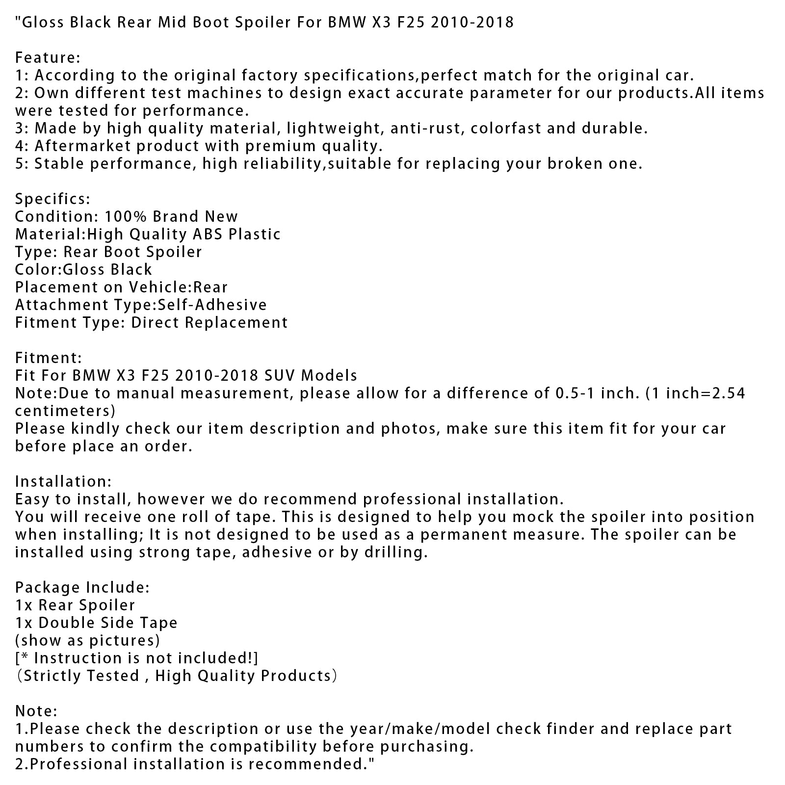 2010-2018 BMW X3 F25 Gloss Black Rear Mid Boot Spoiler