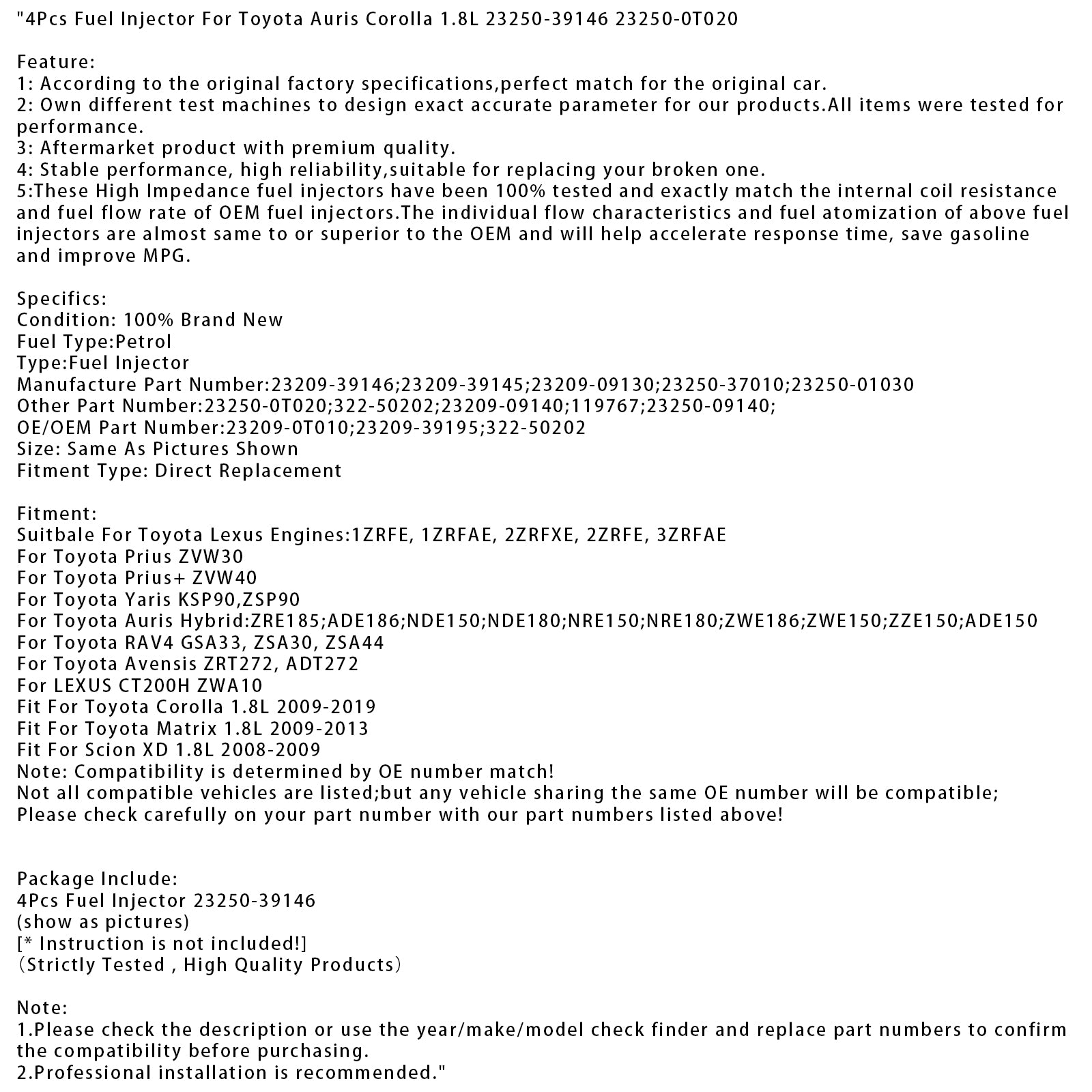 4Pcs Fuel Injector For Toyota Auris Corolla 1.8L 23250-39146 23250-0T020