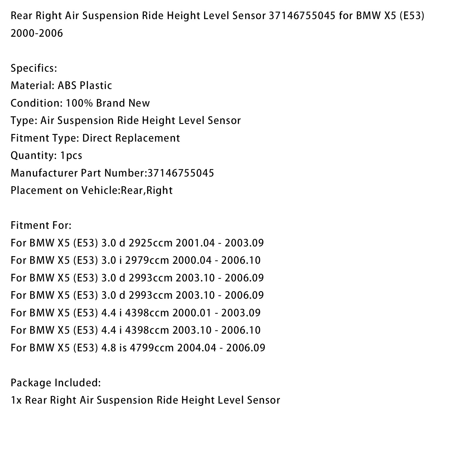 Rear Right Height Level Sensor 37146755045 for BMW X5 (E53) 2000-2006