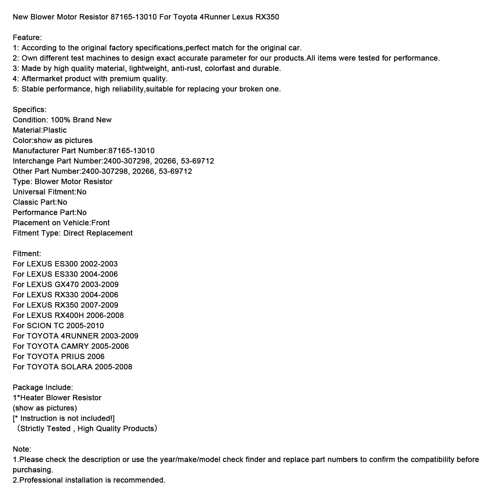 Novo resistor do motor do soprador 87165-13010 para Toyota 4Runner Lexus rx350