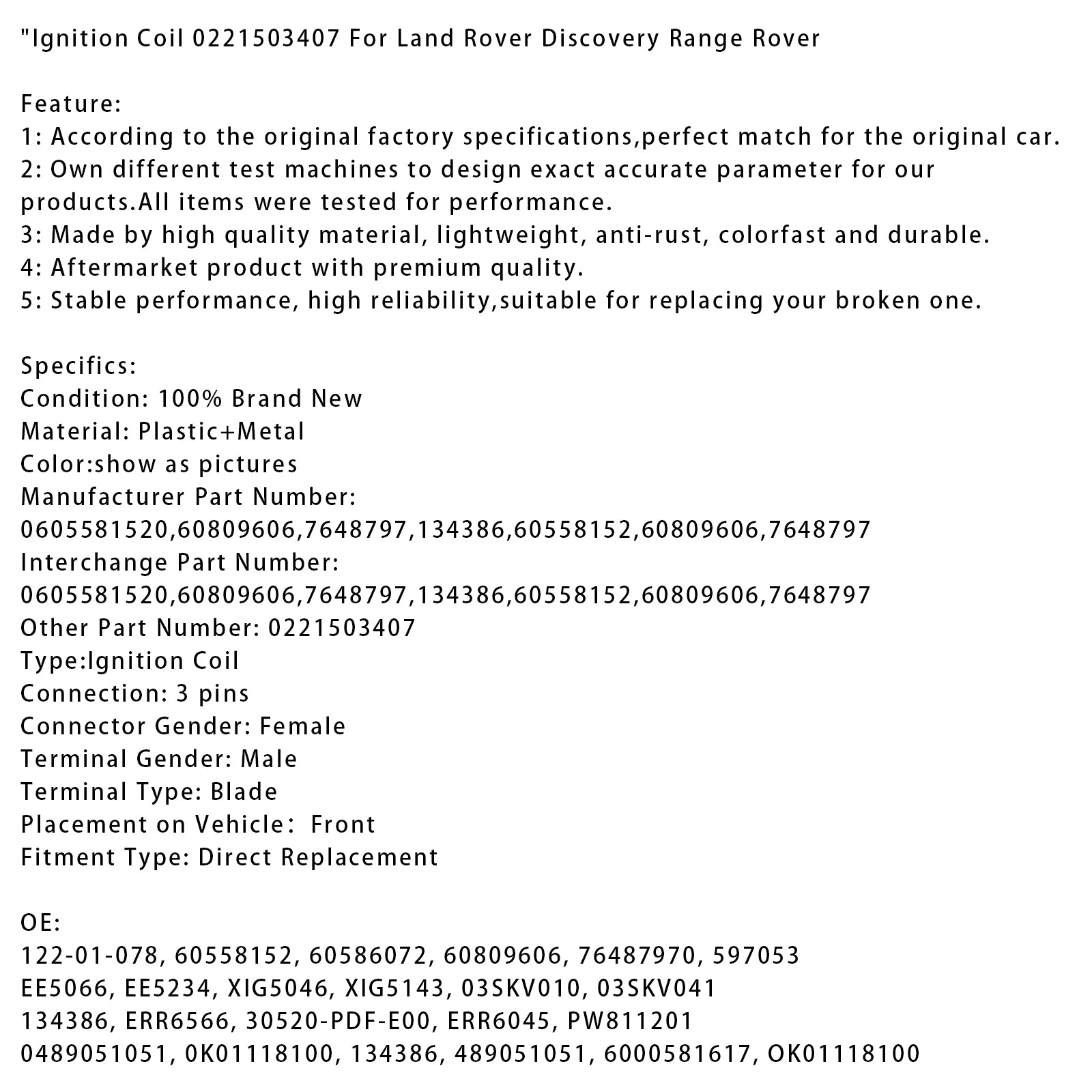 Tenningsspole 0221503407 for Land Rover Discovery Range Rover