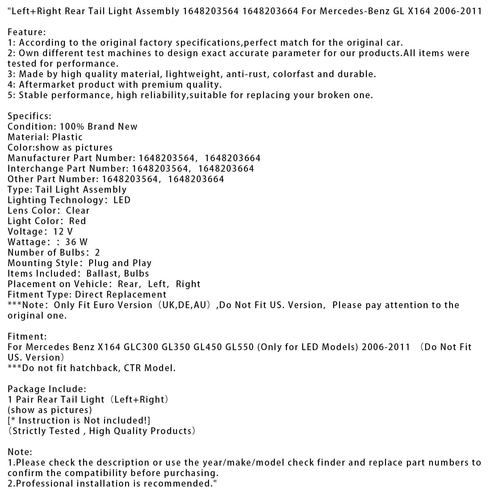 Left+Right Rear Tail Light Assembly For Mercedes-Benz GL X164 2006-2011