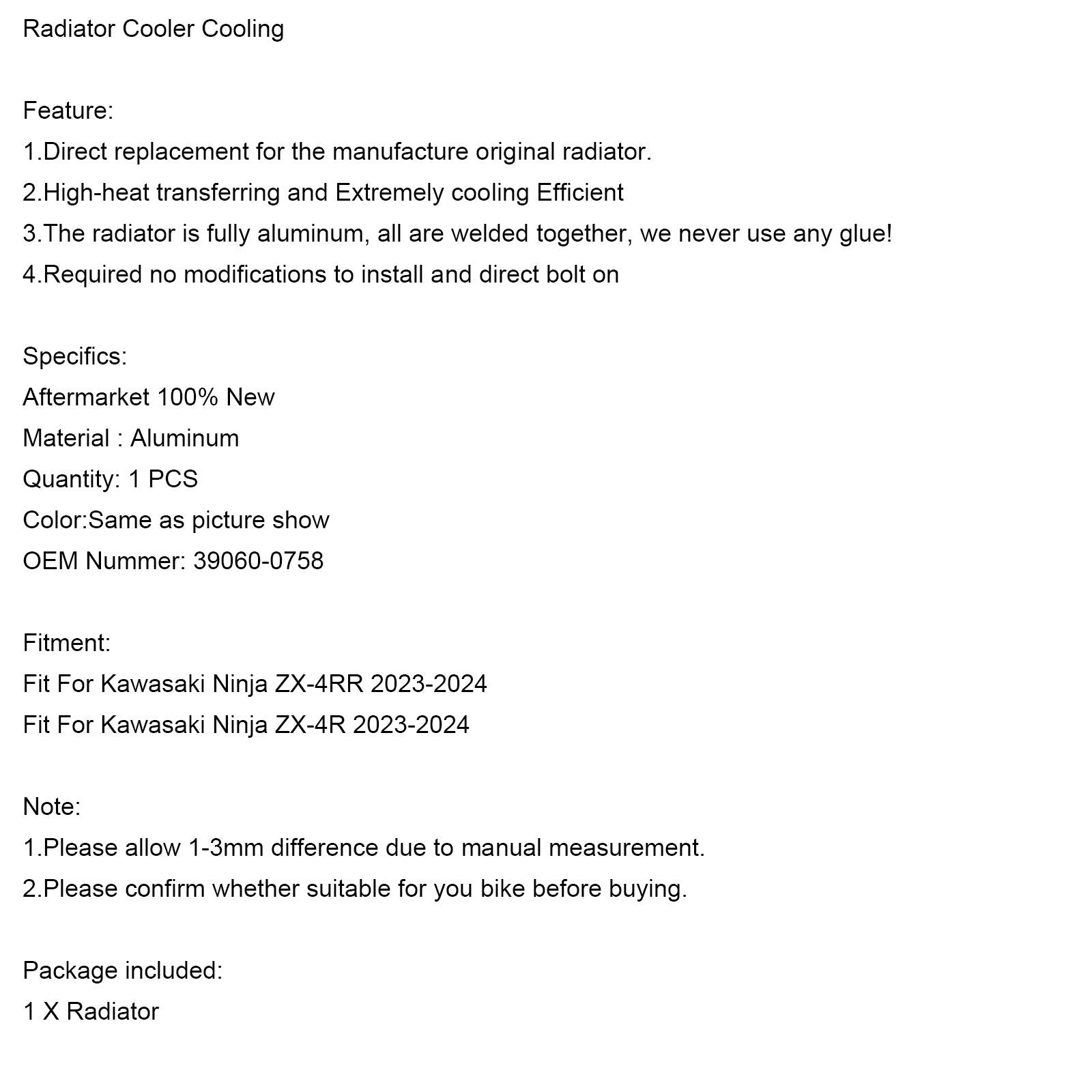 2023-2024 Kawasaki Ninja ZX-4R chladiaci chladič chladiča 39060-0758