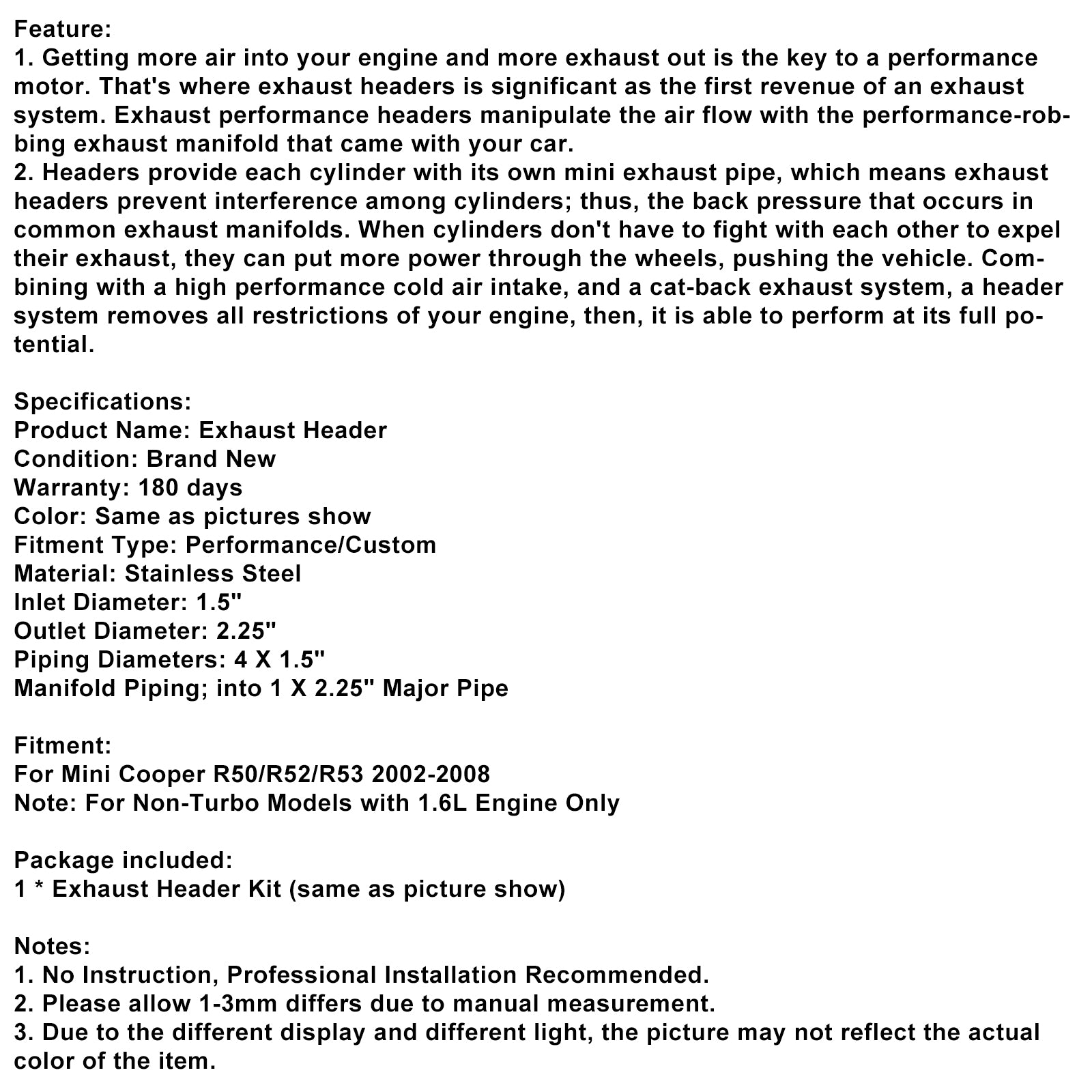 Stainless Steel Exhaust Manifold Header Fit Mini Cooper R50/R52/R53 2002-2008