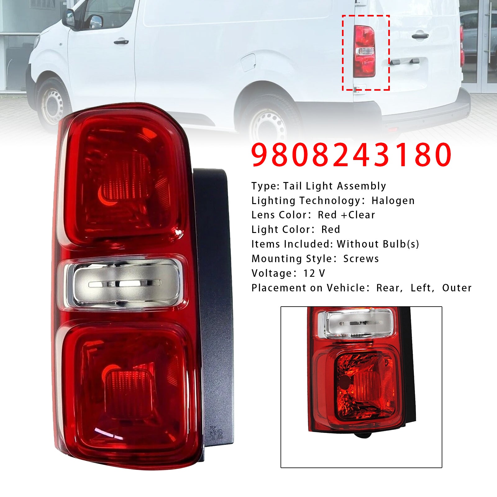 Left Rear Tail Light Halogen 9808243180 For Peugeot Expert/Traveller 2016-2021 9808243180 9808243182