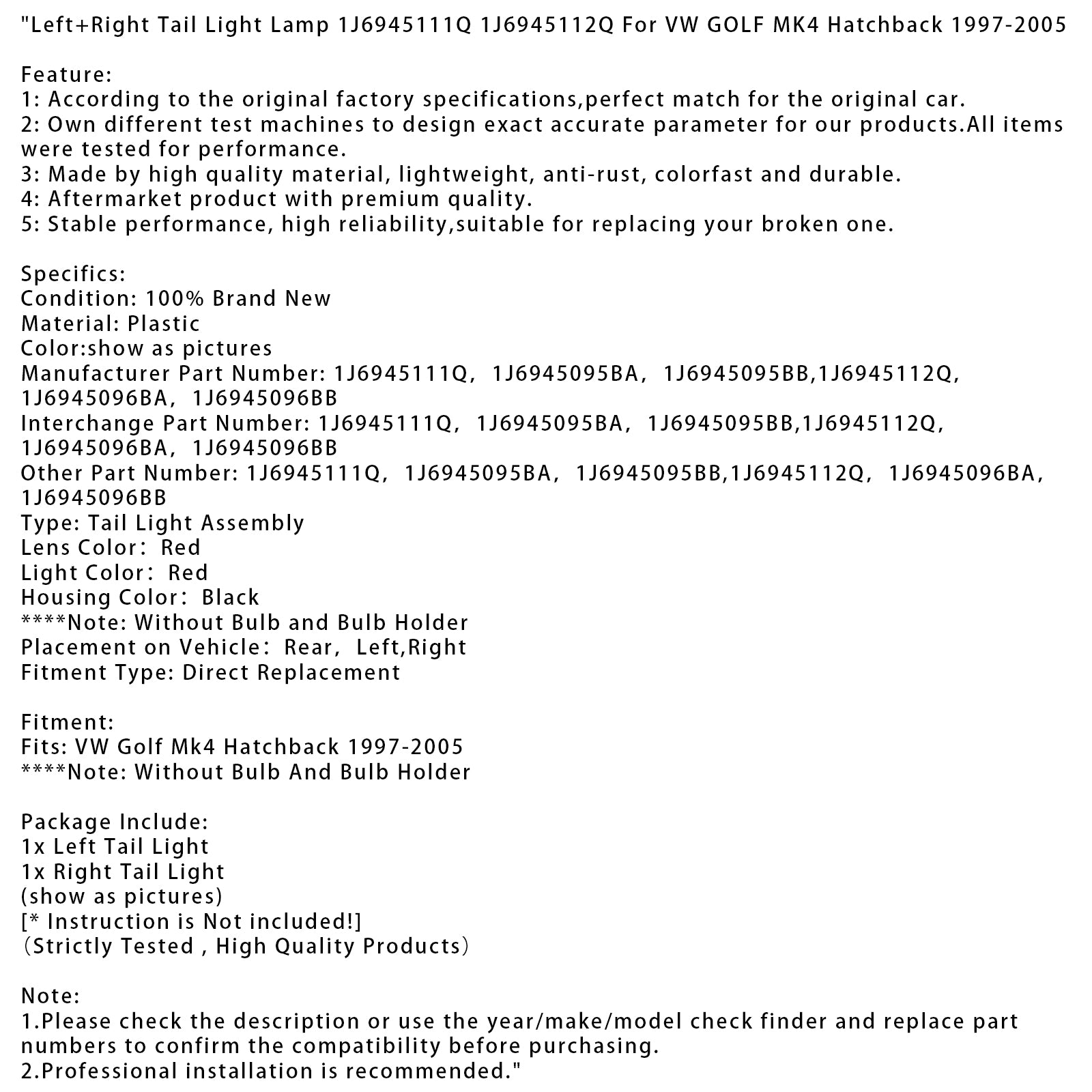 1997-2005 VW GOLF MK4 Hatchback Left+Right Tail Light Lamp J6945111Q 12Q