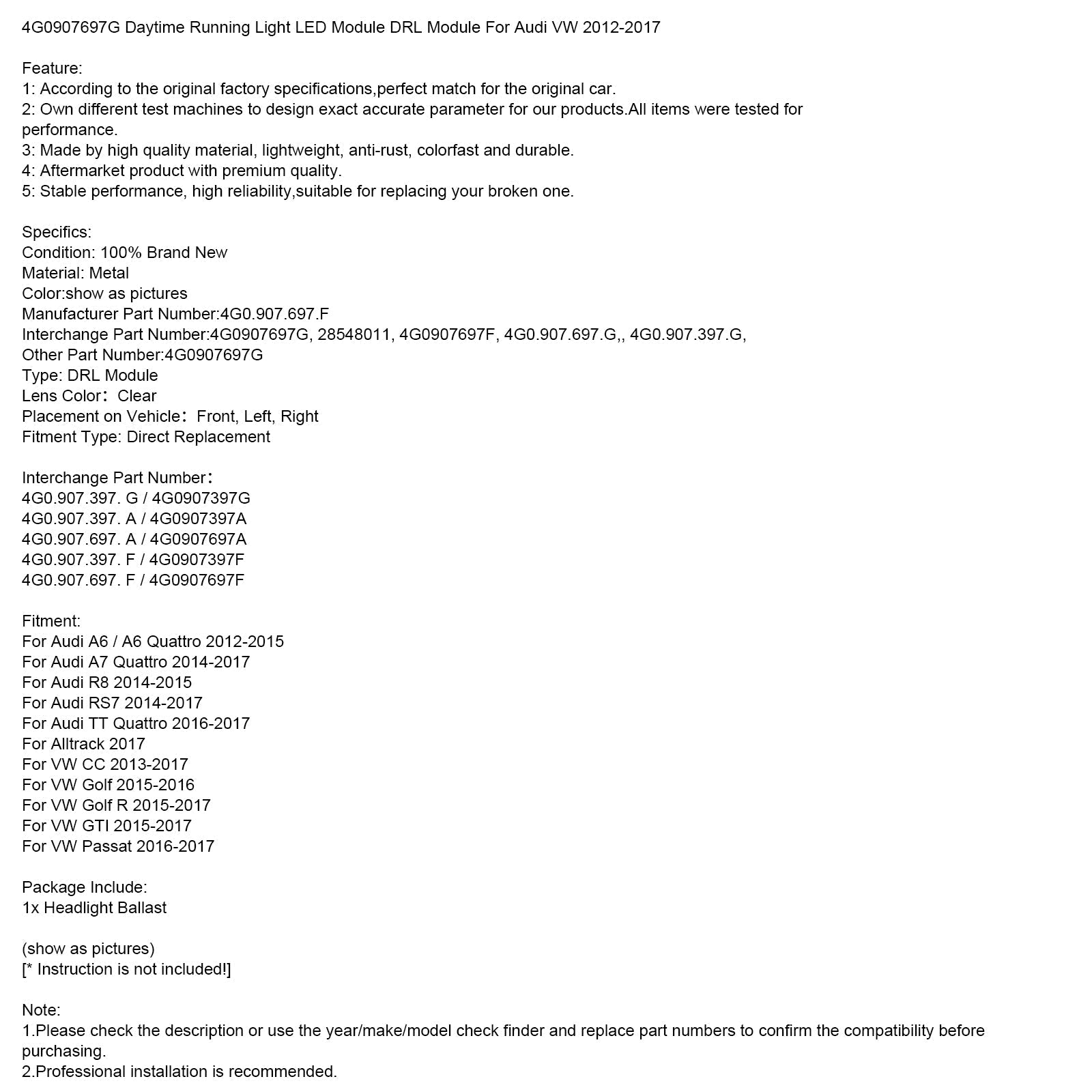 2014-2015 Module de LED LED AUDI R8 Daytime Daytime Module 4G0907697G