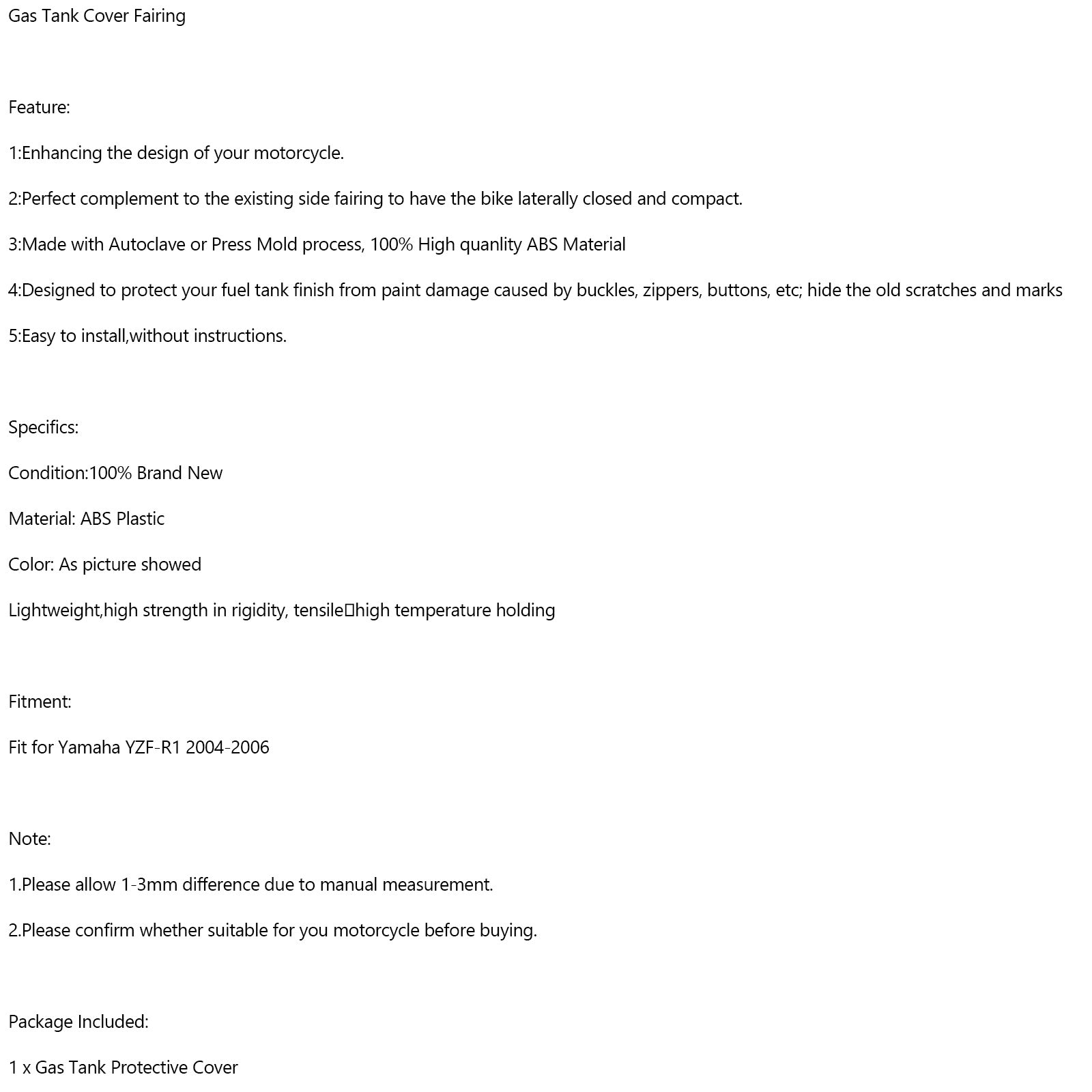 Protecteur de carénage de panneau de couvercle de réservoir de gaz en carbone Yamaha YZF-R1 2004 – 2006