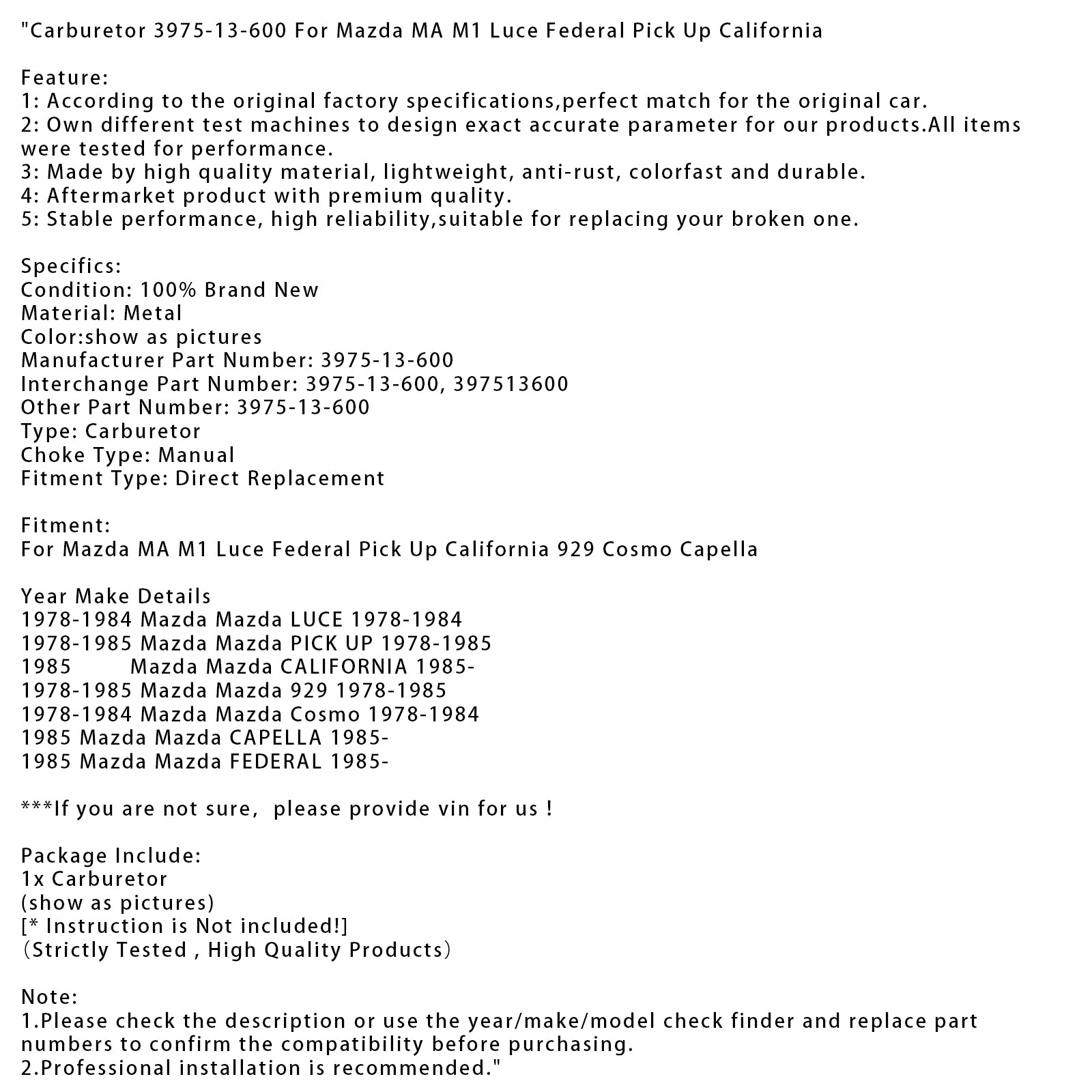 1978-1984 Mazda Cosmo Carburetor 3975-13-600 397513600