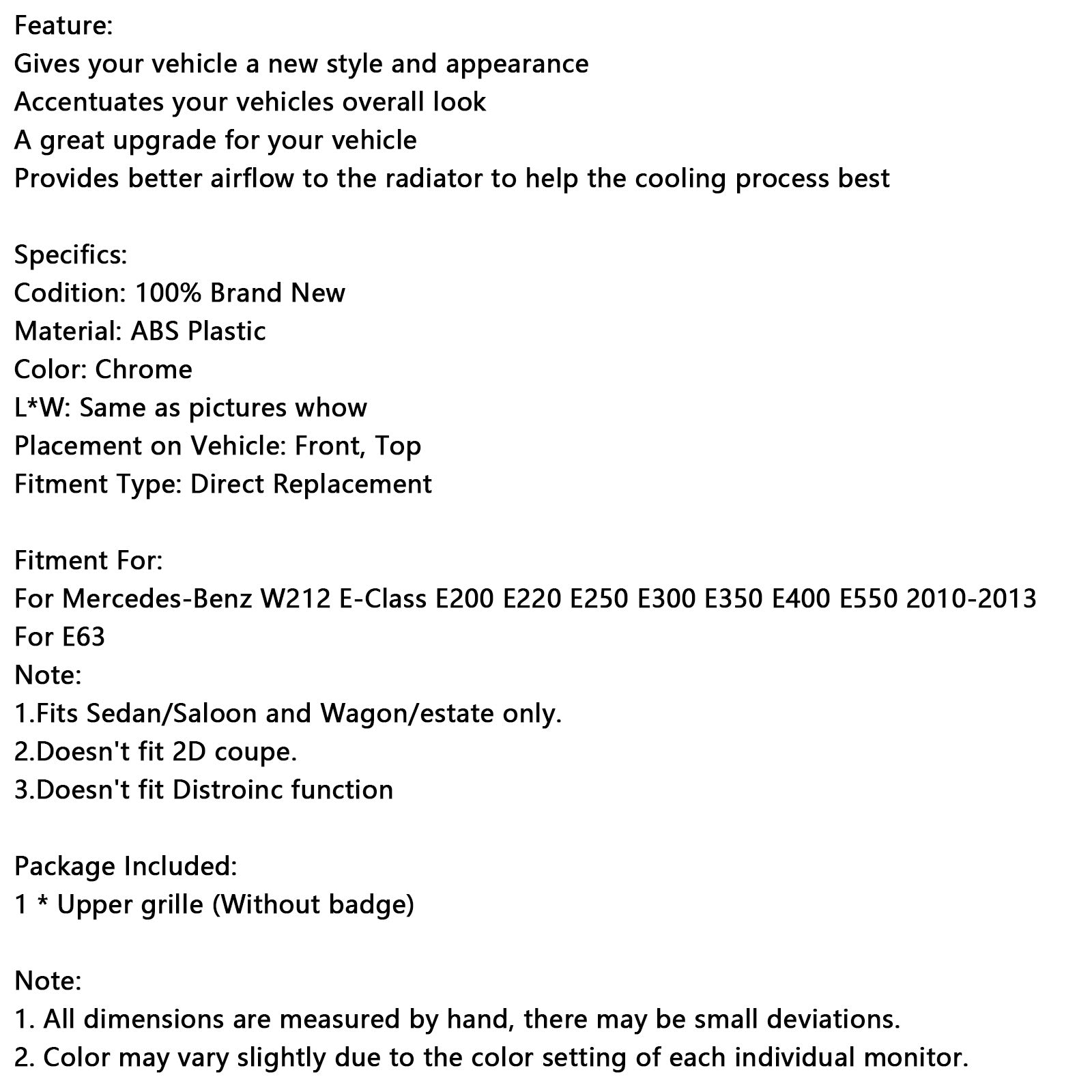 Mercedes-Benz 2010 – 2013 W212 Trieda E E200 E220 E250 E300 E350 E400 E55 Diamantová predná mriežka
