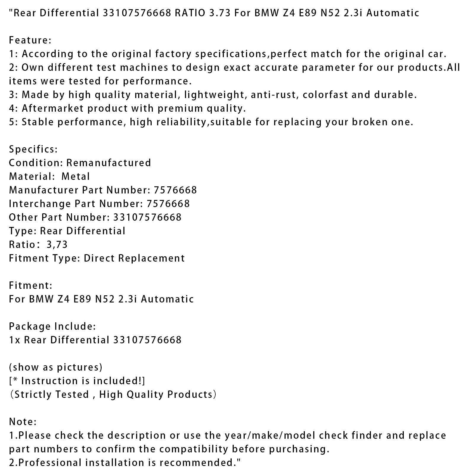 BMW Z4 E89 N52 2.3i automatisch achterdifferentieel 33107576668 RATIO 3,73