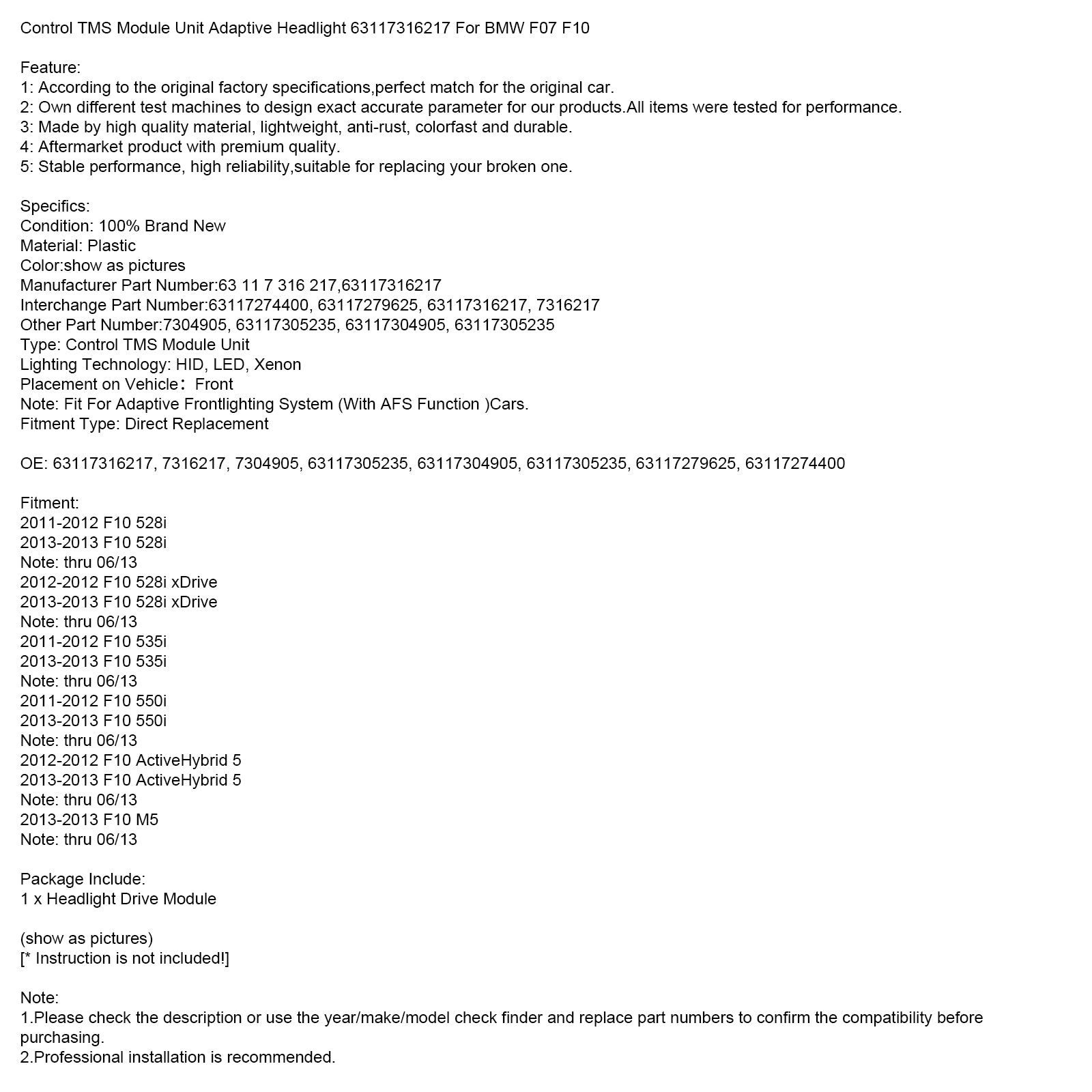 Kontroll TMS -modulenhet Adaptiv frontlys 63117316217 for BMW F07 F10