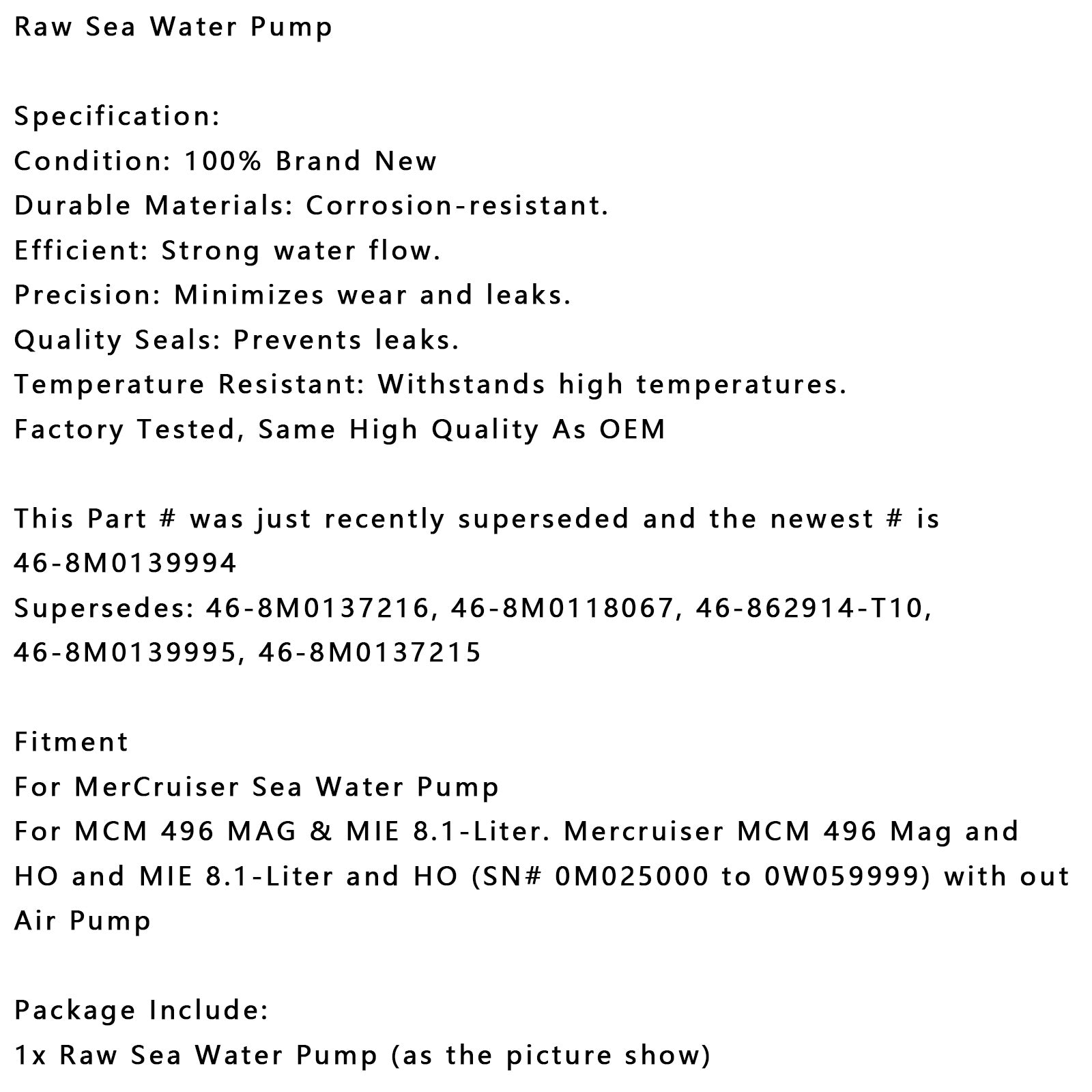 Čerpadlo na surovú morskú vodu pre Mercruiser Mercury Quicksilver 46-8M0139994 8M0137215