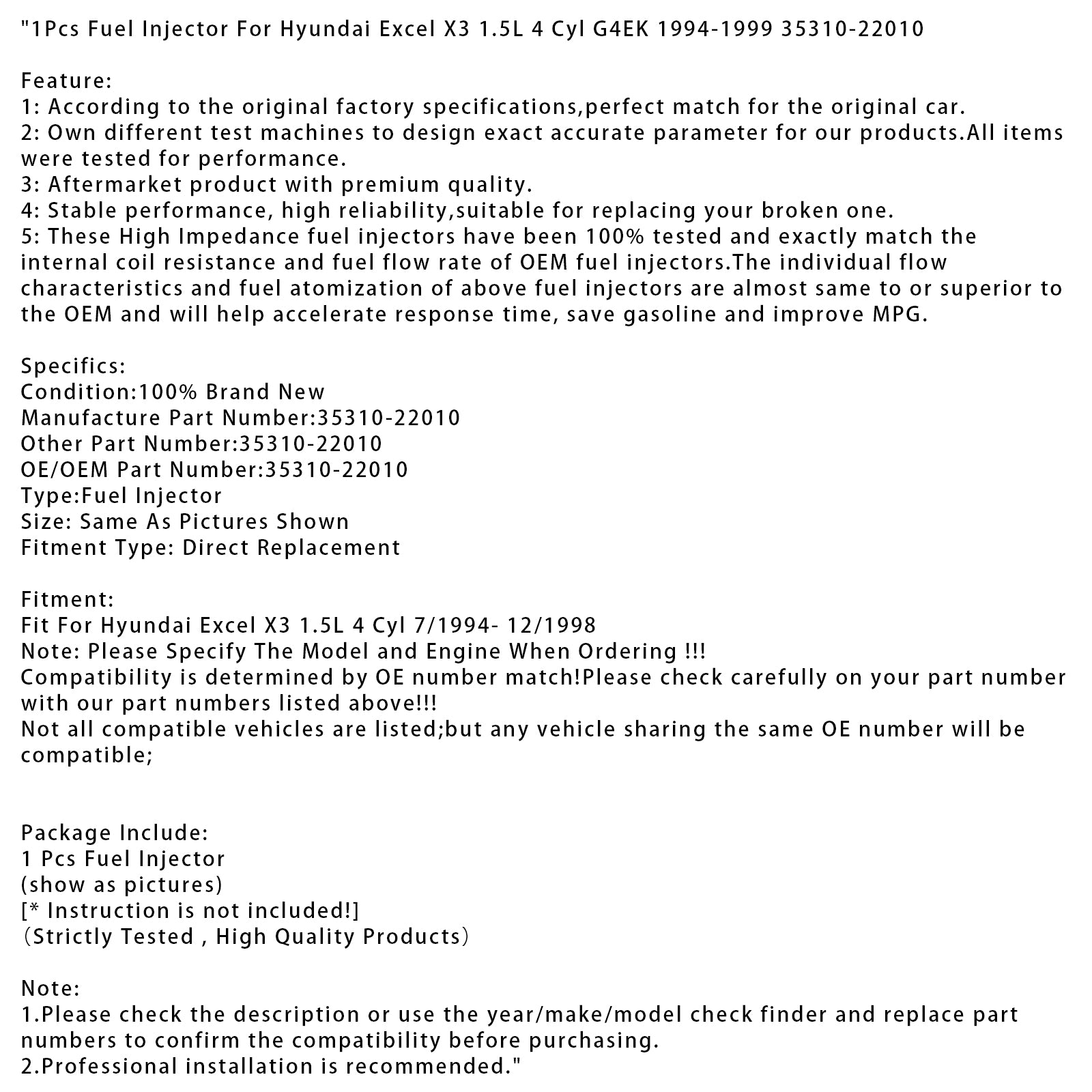 1994-1999 Hyundai Excel X3 1.5L 4 Cyl G4EK 1Pcs Fuel Injector 35310-22010