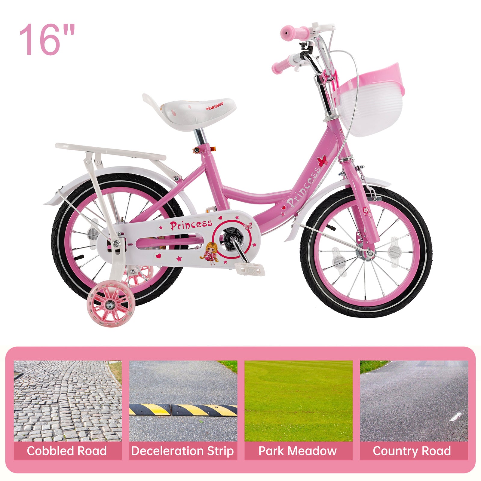 16"/18" Children Princess Bicycle Girls Bike with Removable Training Wheels Pink