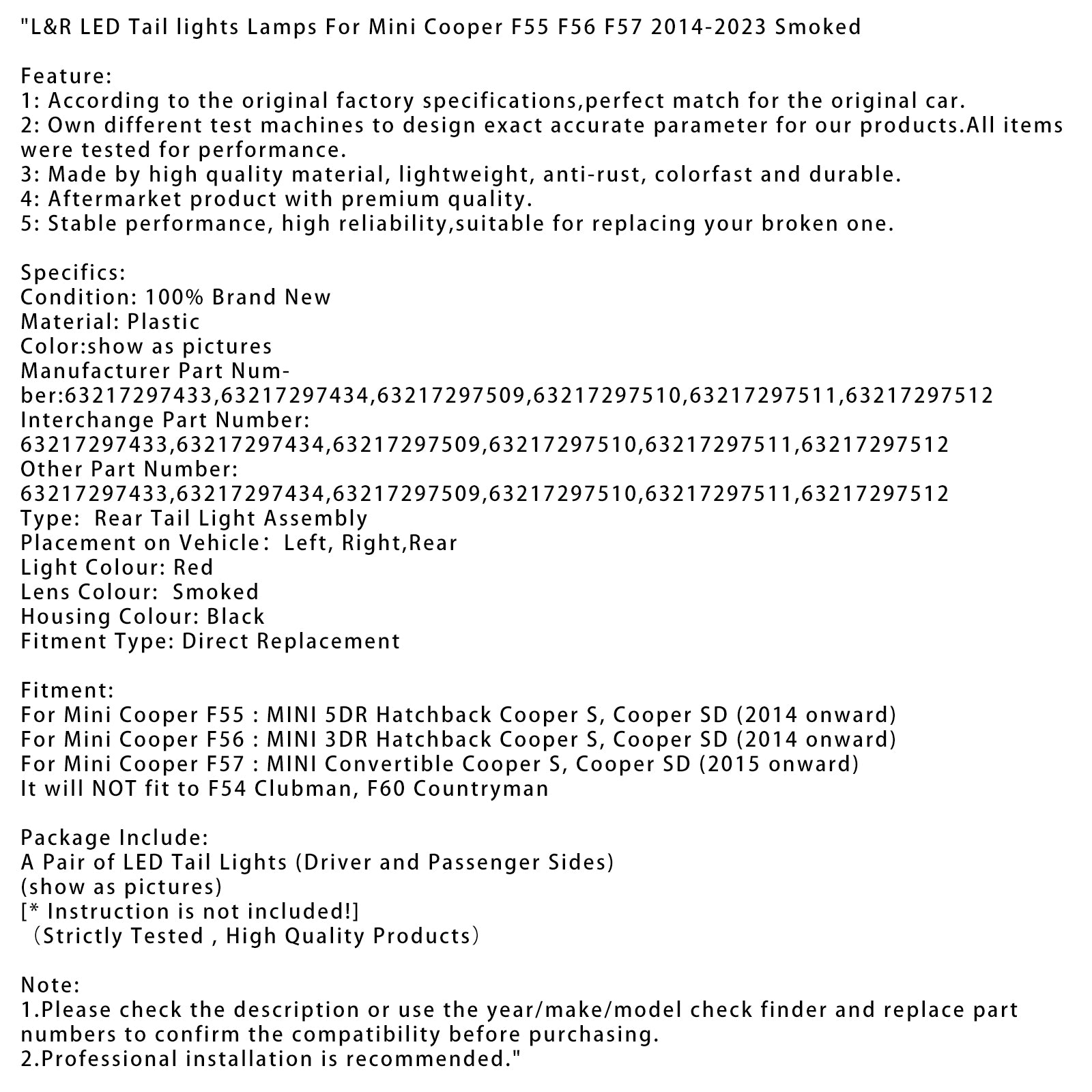 L&Feux arrière à LED fumés pour Mini Cooper F55 F56 F57 2014-2023