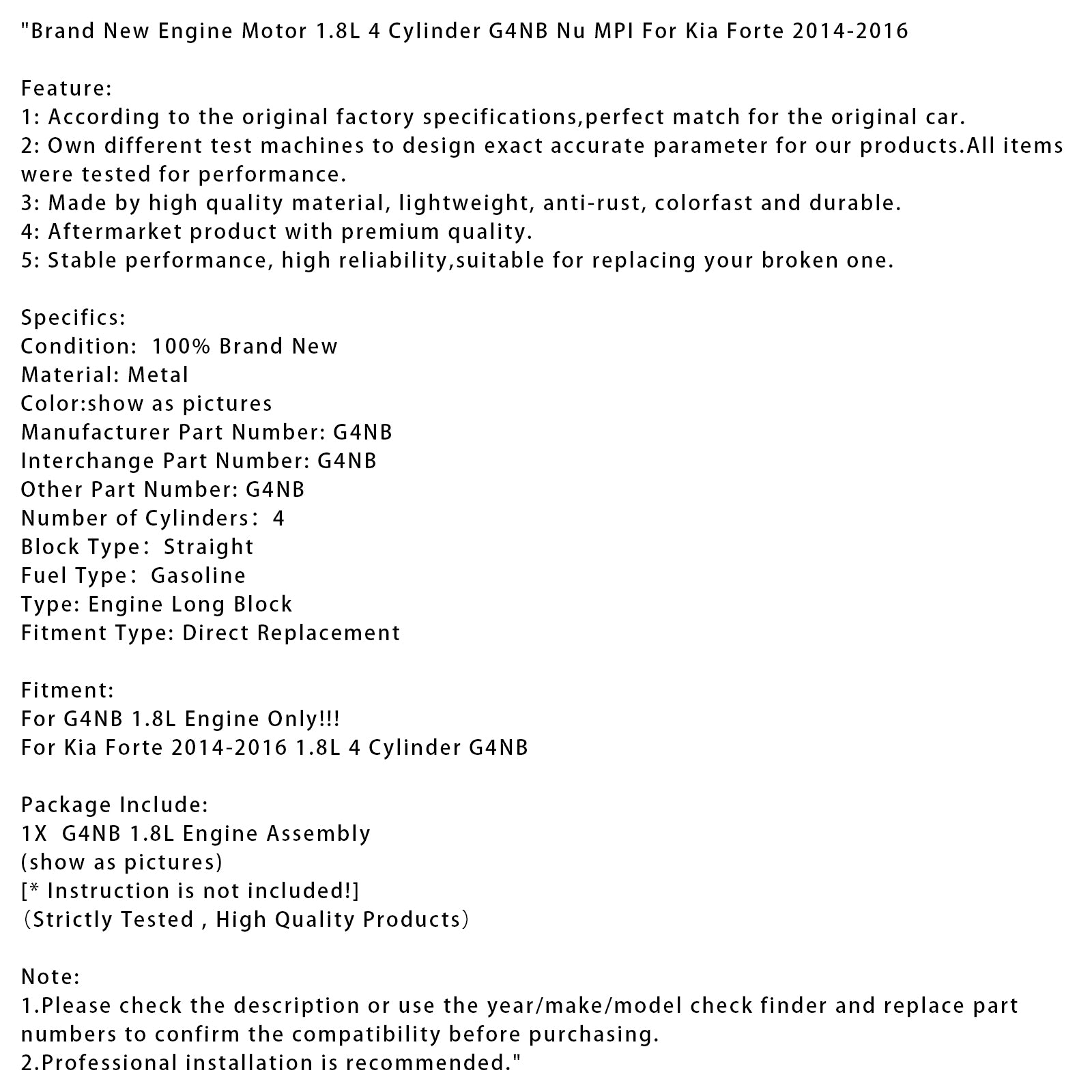 Brand New Engine Motor 1.8L 4 Cylinder G4NB Nu MPI For Kia Forte 2014-2016