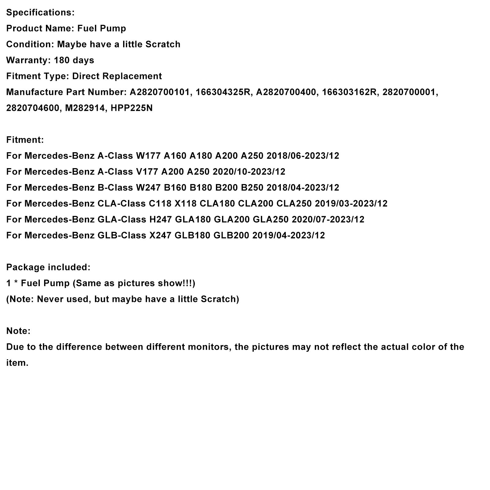 2019/04-2023/12 Mercedes-Benz GLB-Class X247 GLB180 GLB200 High Pressure Fuel Pump 166303162R A2820700101