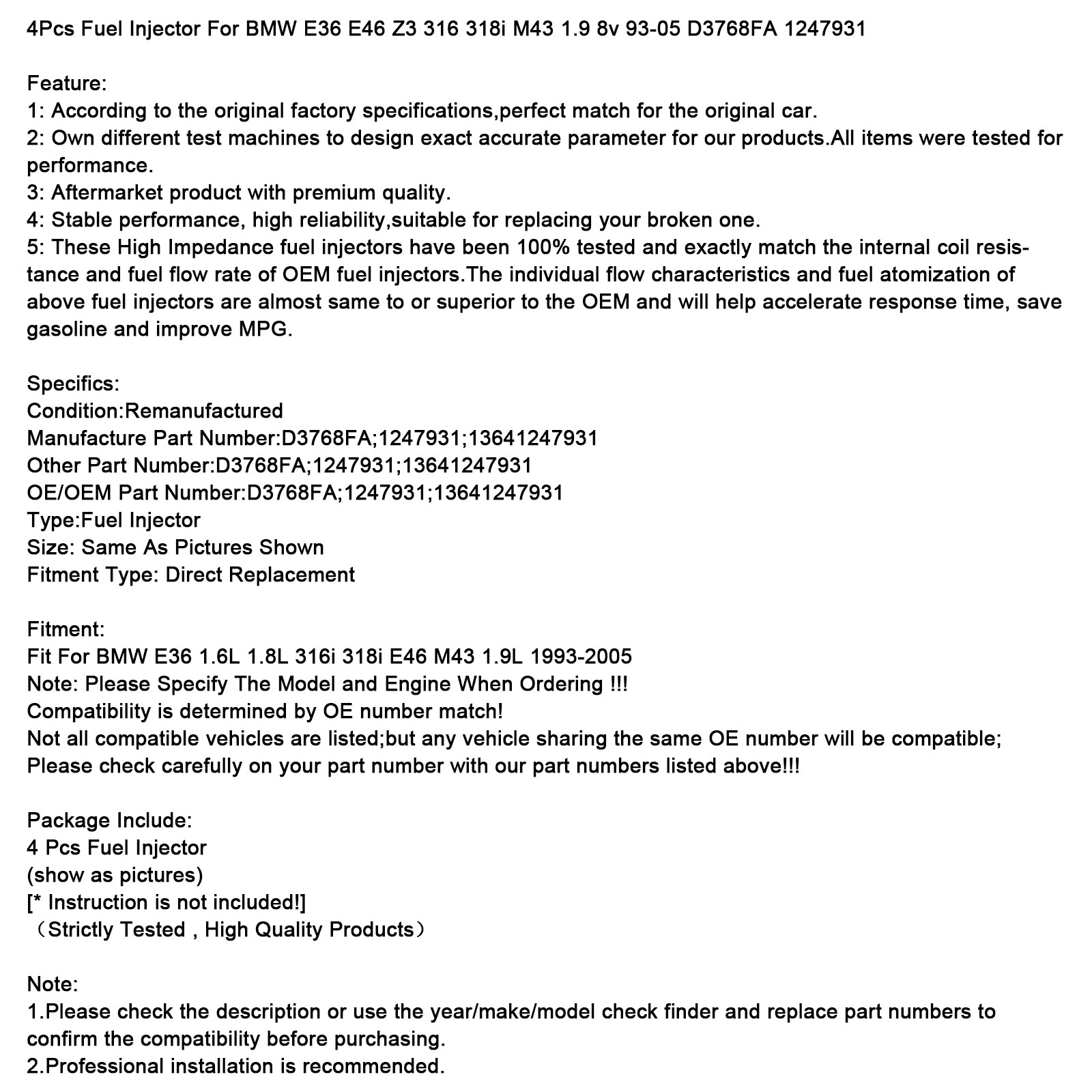 1993-2005 BMW E36 E46 Z3 316 318i M43 1.9 8v 4Pcs Fuel Injector D3768FA 1247931