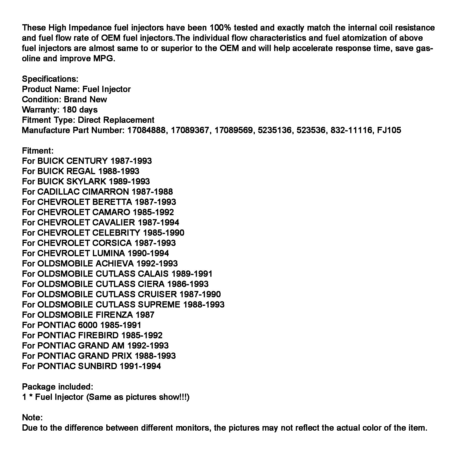 Injecteur de carburant 5235136 adapté à GM 2,8l 3,1l 3,3l V6 1985-1994 17089569, 1 pièce
