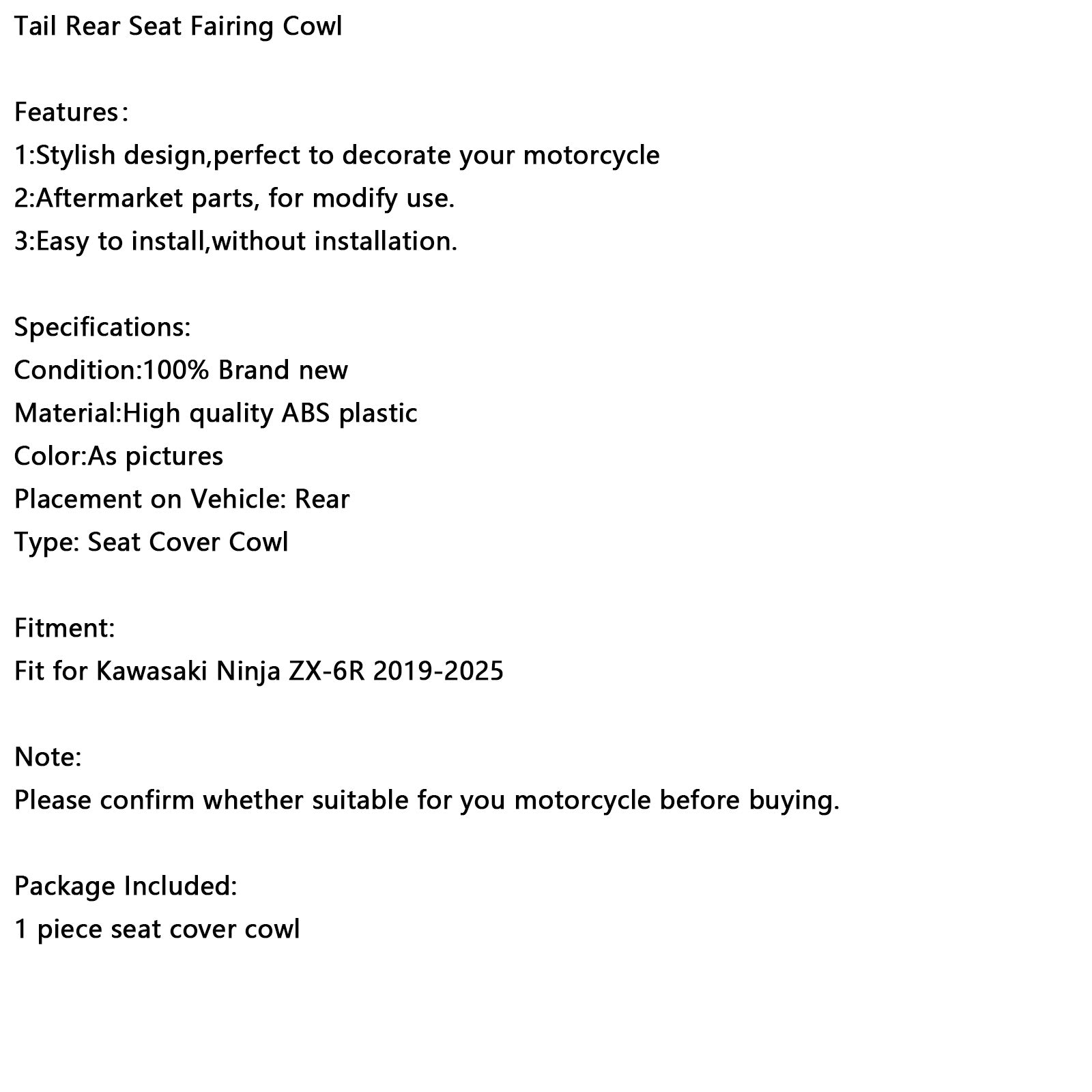2019-2025 Kawasaki ZX6R ZX-6R Racing tail Baksätes kåpa