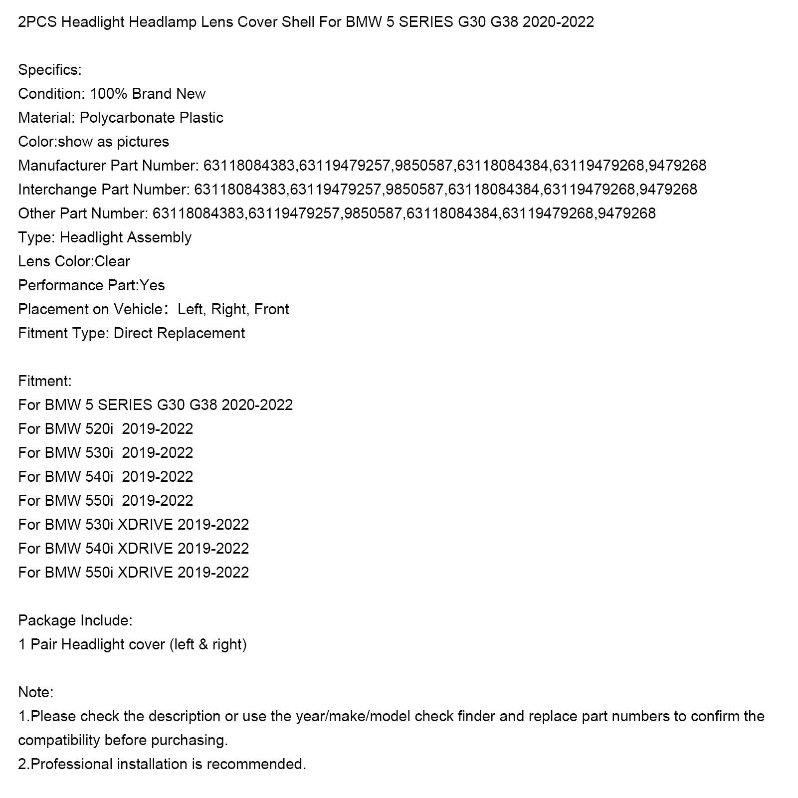 2PCS Headlight Headlamp Lens Cover Shell For BMW 5 SERIES G30 G38 2020-2022