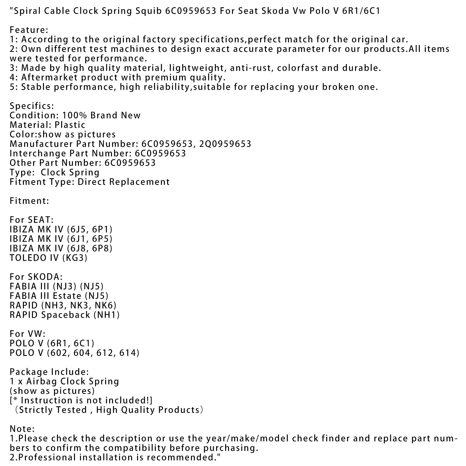 Spiraalkabel Klokveer Voetzoeker 6C0959653 Voor Seat Skoda Vw Polo V 6R1/6C1
