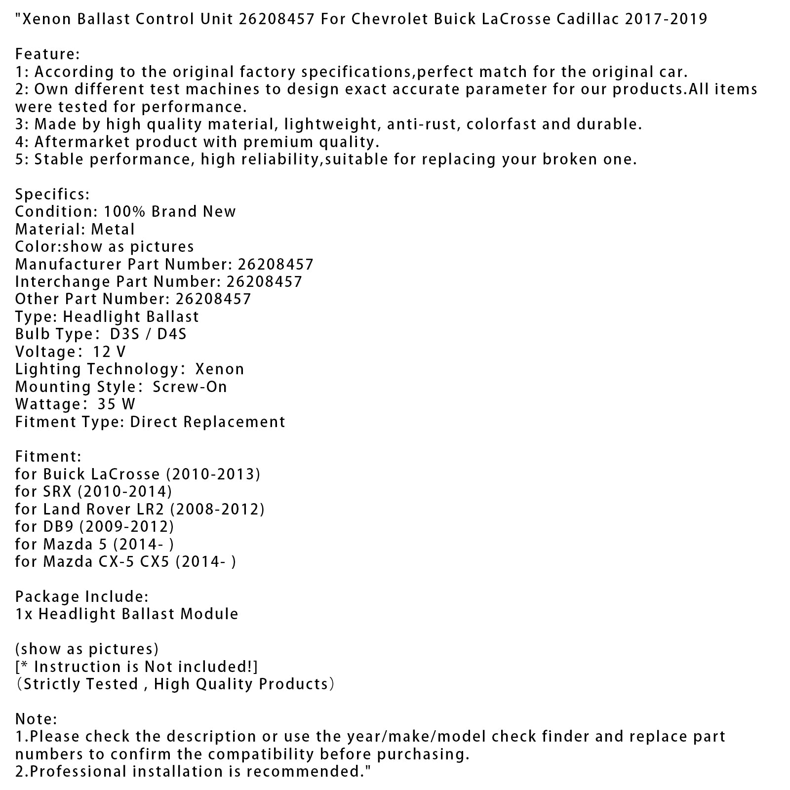 Xenon Ballast Control Unit 26208457 For Chevrolet Buick LaCrosse Cadillac 17-19